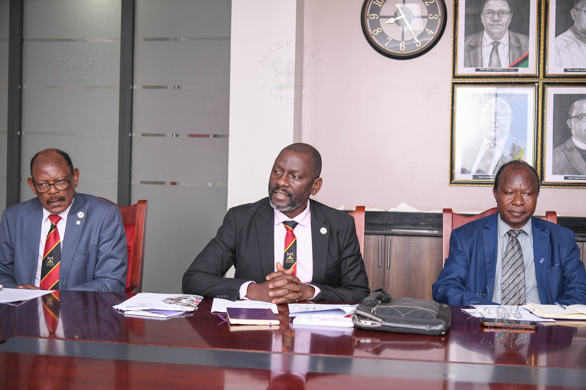 Prof. Julius Kikooma (C) flanked by Prof. Barnabas Nawangwe (L) and Prof. Fredrick Muyodi (R). The Vice Chancellor, Prof. Barnabas Nawangwe and Management's engagement with the School of Law (SoL) Leadership and Staff, 23rd June 2026, Makerere University, Kampala Uganda, East Africa.
