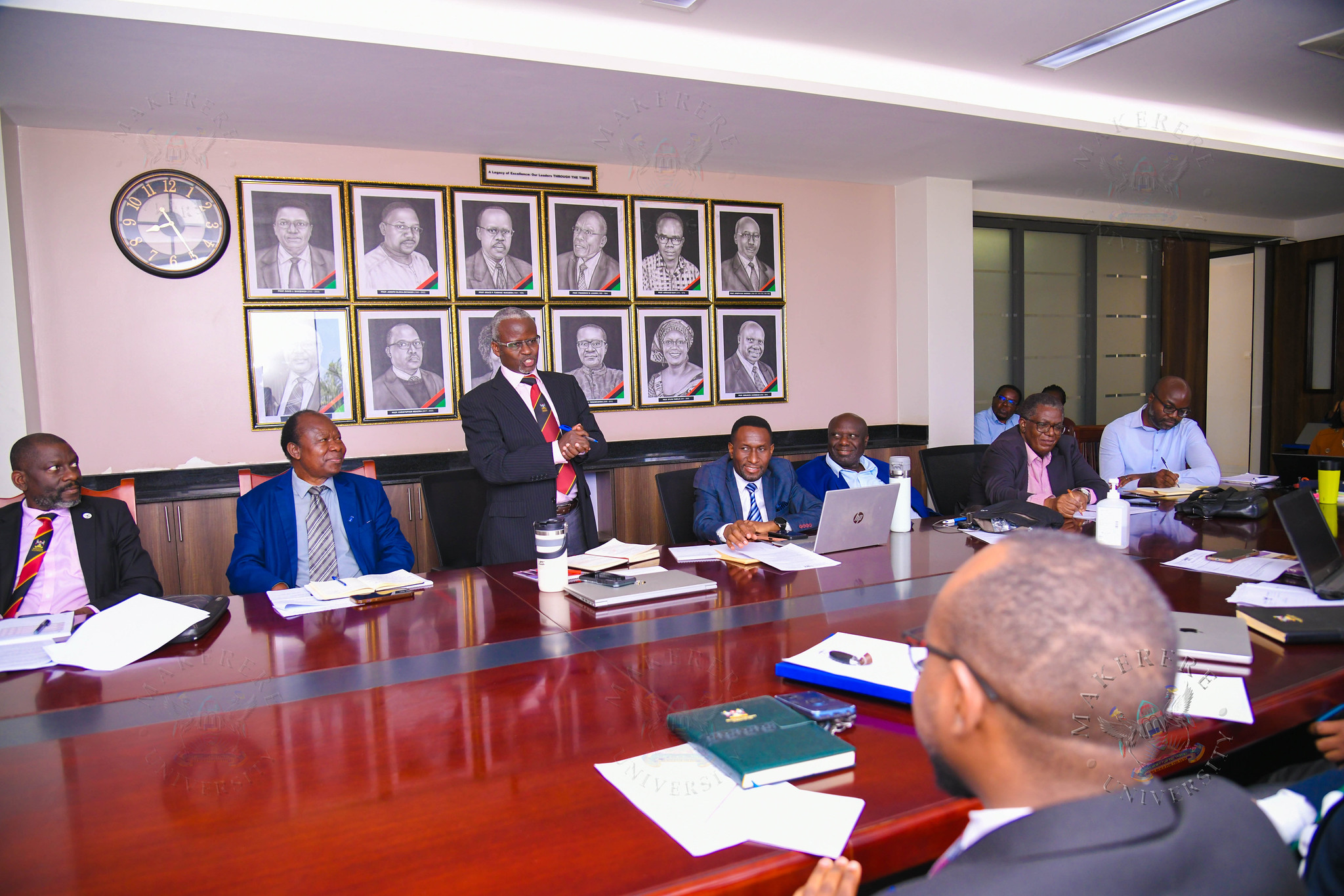 Prof. William Tayeebwa (Standing) with L-R: Prof. Julius Kikooma, Prof. Fredrick Muyodi, Mr. Andrew Mwesigwa, Prof. Emmanuel Kasimbazi, Prof. David Bakibinga and other officials. The Vice Chancellor, Prof. Barnabas Nawangwe and Management's engagement with the School of Law (SoL) Leadership and Staff, 23rd June 2026, Makerere University, Kampala Uganda, East Africa.