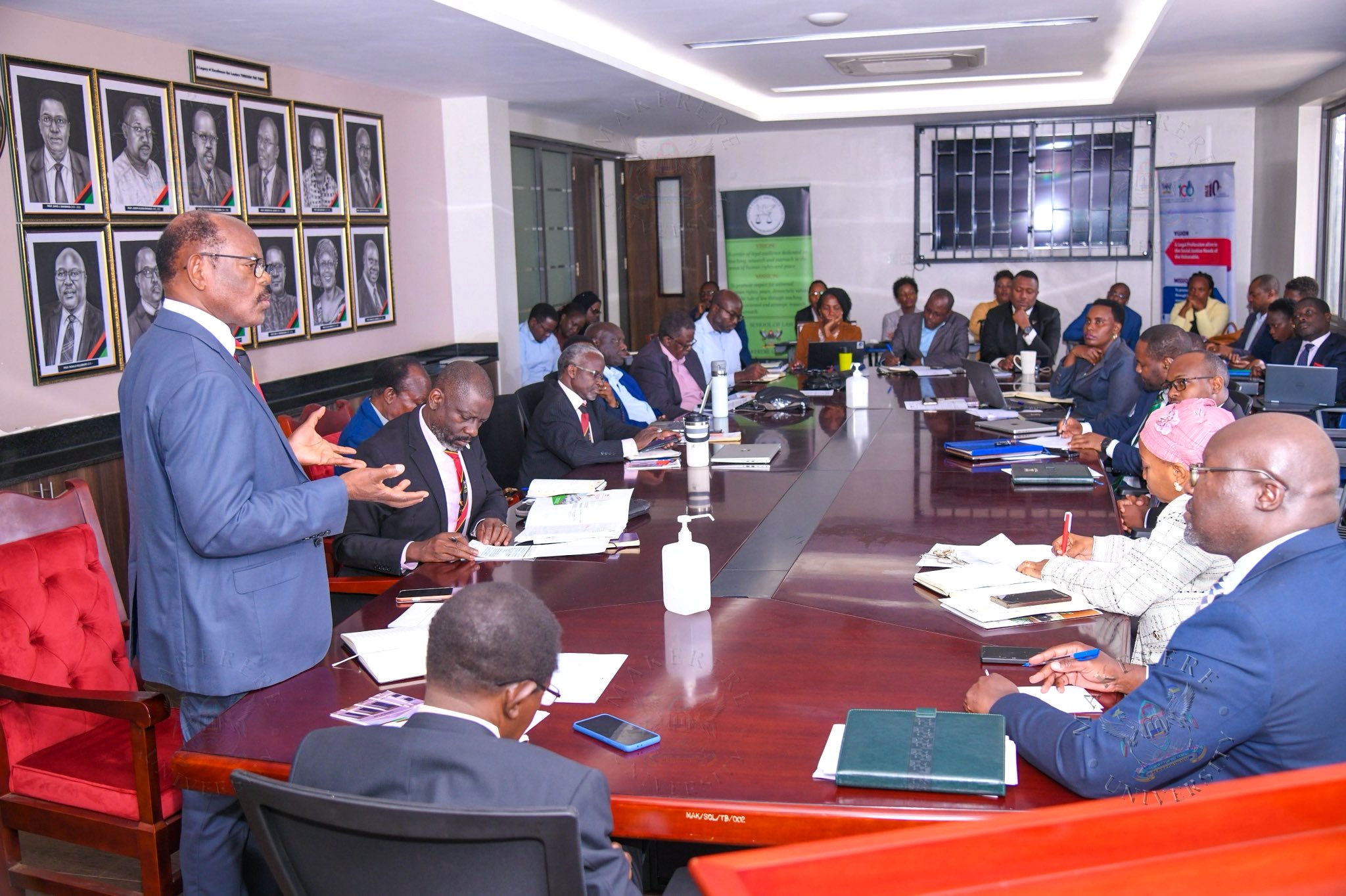 Prof. Barnabas Nawangwe (L) with Management and SoL Faculty during the interaction. The Vice Chancellor, Prof. Barnabas Nawangwe and Management's engagement with the School of Law (SoL) Leadership and Staff, 23rd June 2026, Makerere University, Kampala Uganda, East Africa.