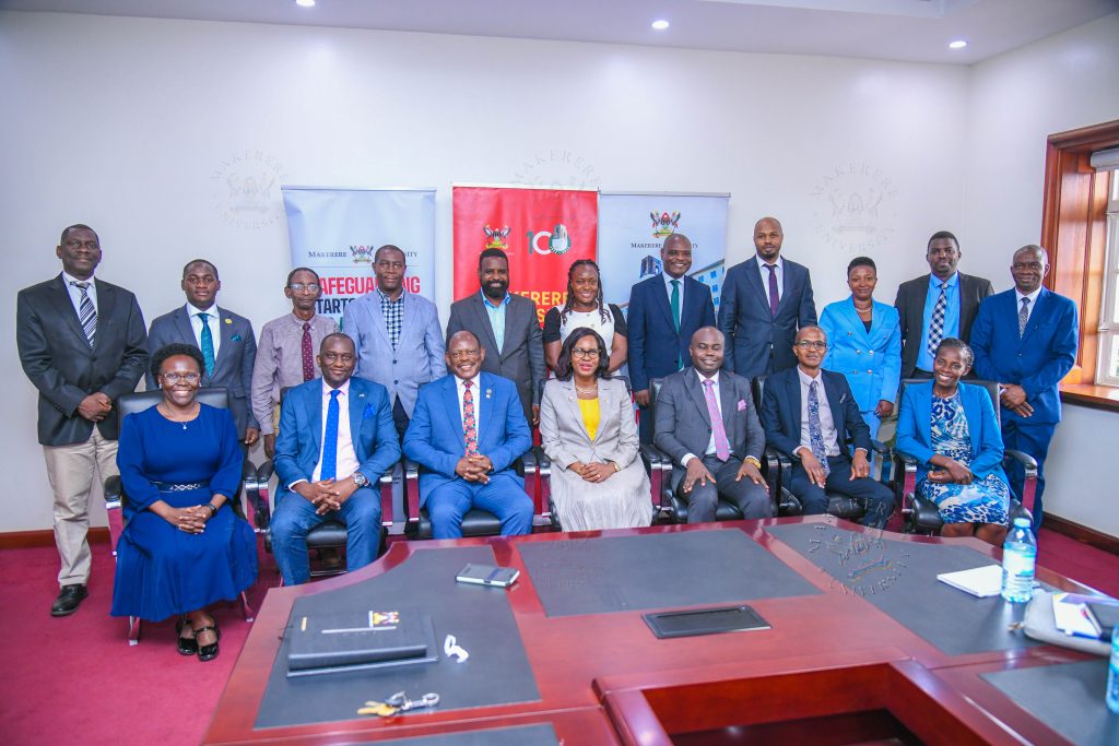 Makerere Vice Chancellor Prof. Barnabas Nawangwe (right) with MUST Vice Chancellor Prof. Pauline Byakika-Kibwika (left) with the members during a benchmarking visit.