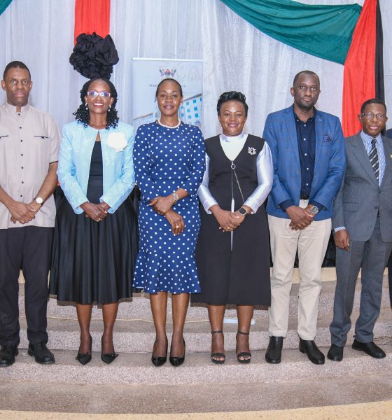 From right are the Deputy Vice Chancellor (Academic Affairs), Prof. Sarah Ssali; Dr. James Magara; the Chairperson of the Makerere University Council, Dr. Lorna Magara; the Dean of Students, Dr. Winifred Kabumbuli; the St. Francis Chaplain, Dr. Lydia Kitayimbwa; Mr. Samuel Kizito; the Academic Registrar, Prof. Mukadasi Buyinza; and the Deputy Principal of the College of Humanities and Social Sciences (CHUSS), Prof. Awich Eric Ochen.