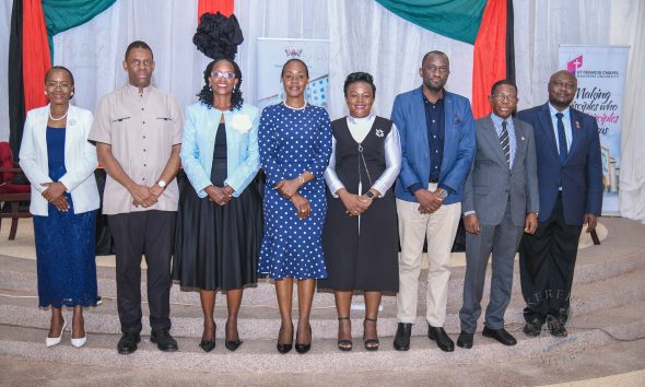 From right are the Deputy Vice Chancellor (Academic Affairs), Prof. Sarah Ssali; Dr. James Magara; the Chairperson of the Makerere University Council, Dr. Lorna Magara; the Dean of Students, Dr. Winifred Kabumbuli; the St. Francis Chaplain, Dr. Lydia Kitayimbwa; Mr. Samuel Kizito; the Academic Registrar, Prof. Mukadasi Buyinza; and the Deputy Principal of the College of Humanities and Social Sciences (CHUSS), Prof. Awich Eric Ochen.