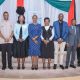 From right are the Deputy Vice Chancellor (Academic Affairs), Prof. Sarah Ssali; Dr. James Magara; the Chairperson of the Makerere University Council, Dr. Lorna Magara; the Dean of Students, Dr. Winifred Kabumbuli; the St. Francis Chaplain, Dr. Lydia Kitayimbwa; Mr. Samuel Kizito; the Academic Registrar, Prof. Mukadasi Buyinza; and the Deputy Principal of the College of Humanities and Social Sciences (CHUSS), Prof. Awich Eric Ochen.