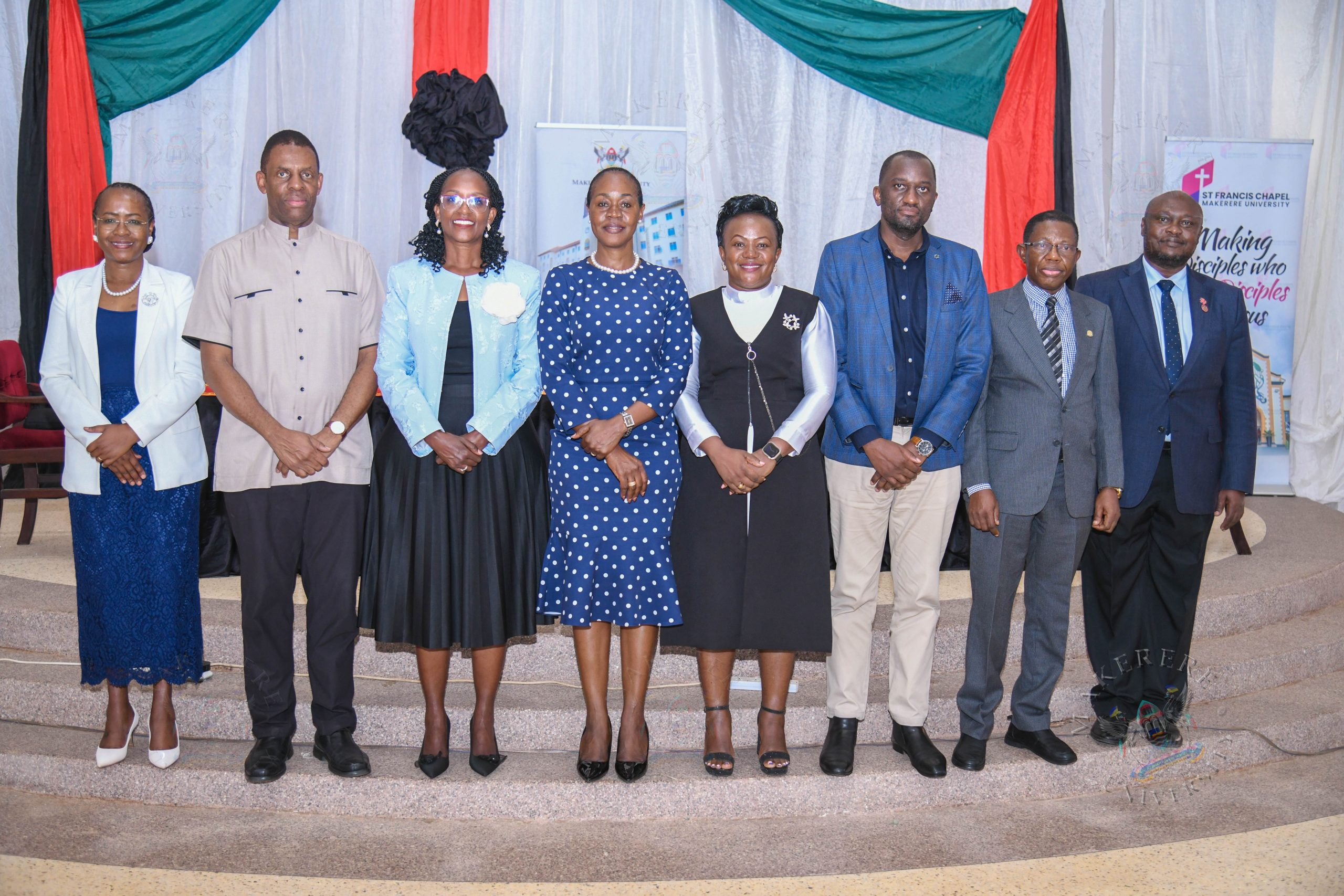 From right are the Deputy Vice Chancellor (Academic Affairs), Prof. Sarah Ssali; Dr. James Magara; the Chairperson of the Makerere University Council, Dr. Lorna Magara; the Dean of Students, Dr. Winifred Kabumbuli; the St. Francis Chaplain, Dr. Lydia Kitayimbwa; Mr. Samuel Kizito; the Academic Registrar, Prof. Mukadasi Buyinza; and the Deputy Principal of the College of Humanities and Social Sciences (CHUSS), Prof. Awich Eric Ochen.