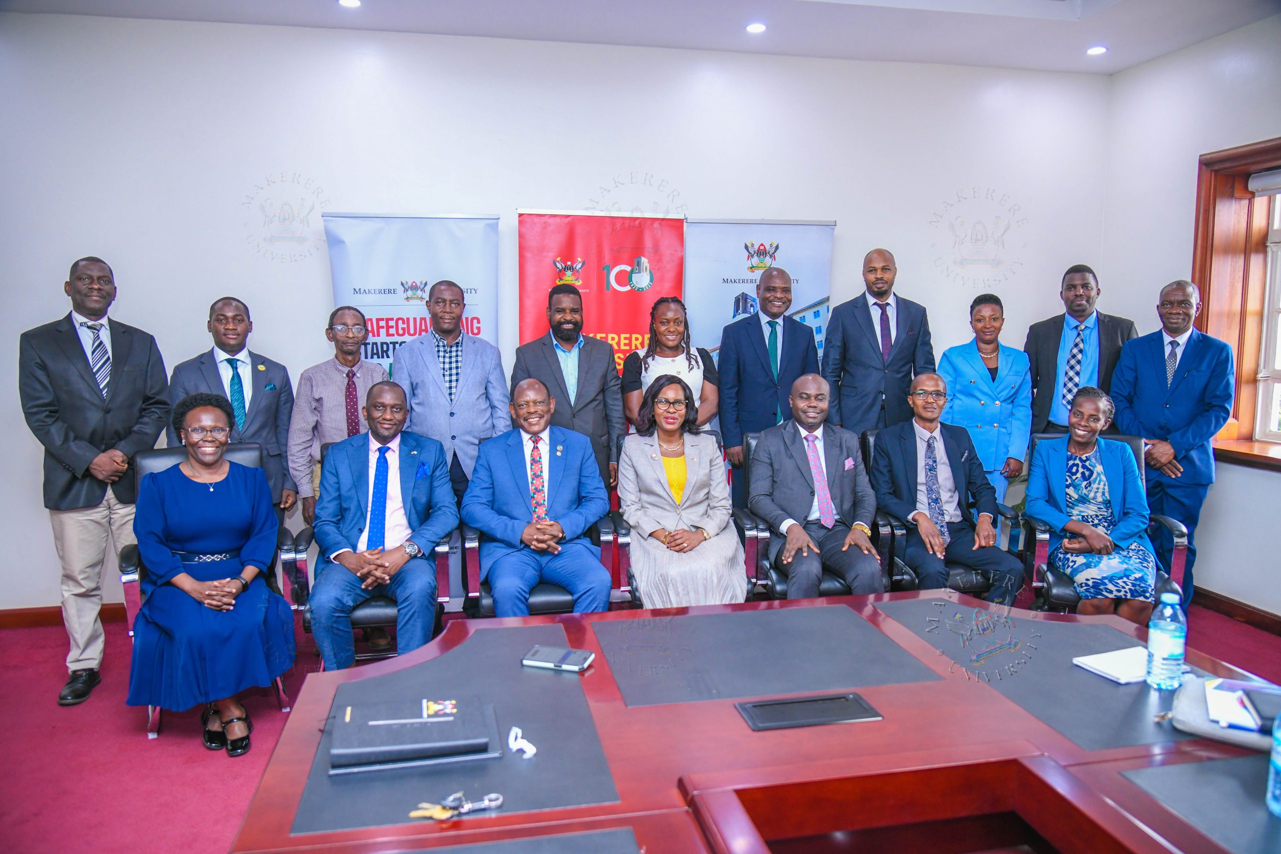 Makerere Vice Chancellor Prof. Barnabas Nawangwe (right) with MUST Vice Chancellor Prof. Pauline Byakika-Kibwika (left) with the members during a benchmarking visit.