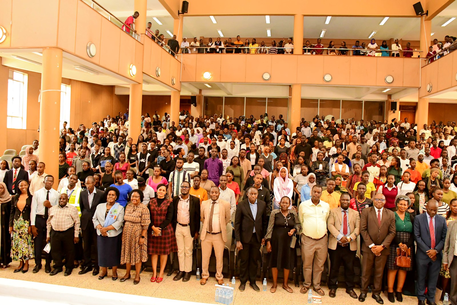 CEES Leadership and University Officials with first year students admitted to the various undergraduate academic programmes during the orientation on 6th August 2026. Orientation of first year students admitted to various undergraduate academic programmes at the College of Education and External Studies (CEES), 6th August 2026, Yusuf Lule Central Teaching Facility Auditorium, Makerere University, Kampala Uganda, East Africa.