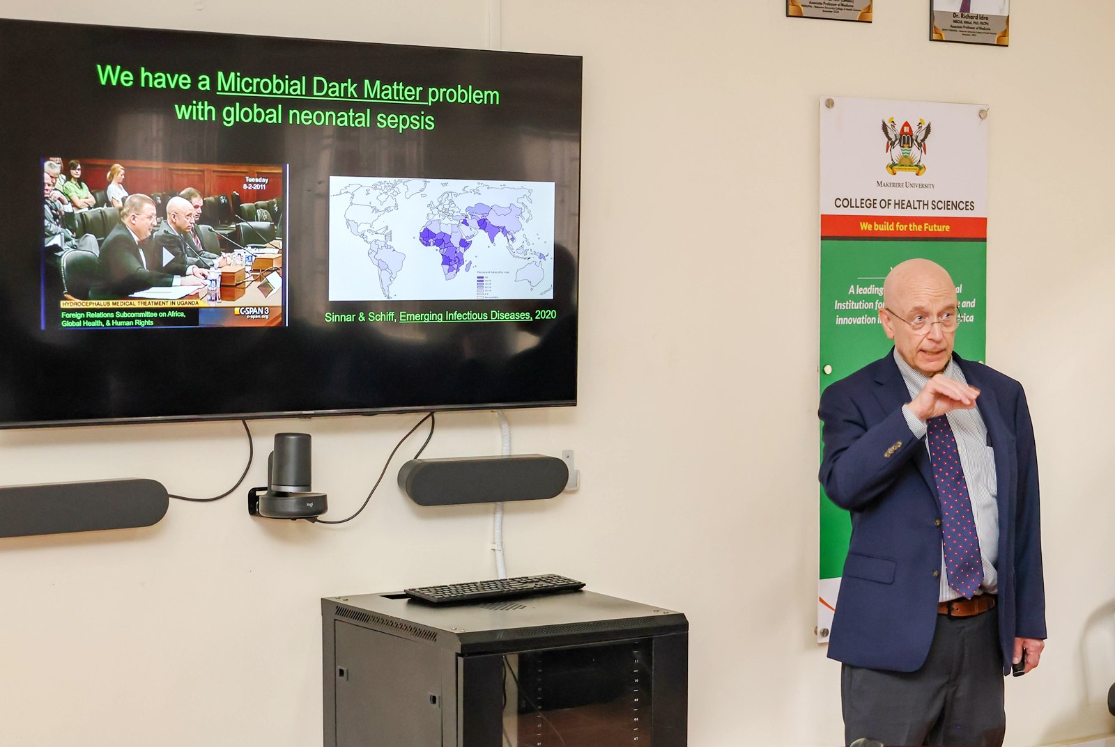 Dr. Steven Schiff makes his presentation. Makerere University College of Health Sciences (MakCHS) hosts Director of the NIH Fogarty International Center (FIC), Dr. Steven Schiff, 5th August 2026, Mulago Hospital Complex, Kampala Uganda, East Africa.