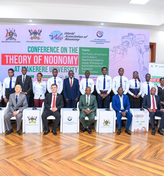 Seated L-R: Prof. Sarah Ssali, Mr. Sergey Lobanov-Head of Mission, Russian Embassy in Uganda, Prof. Nikolay D. Dmitriev, Prof. Edward Bbaale, Dr. Robert Ngobi, Mr. Davis Vuningoma and Prof. Ibrahim Mike Okumu with Dr. Peter Babyenda and CoBAMS Students (Standing) on 20th August 2026. College of Business and Management Sciences (CoBAMS) supported by the Makerere University Research and Innovations Fund (Mak-RIF) in collaboration with the Witte Institute for New Industrial Development and St. Petersburg Polytechnic University, Russia Conference on The Theory of Noonomy and its Role in Resolving Modernity Issues: Pathways to Sustainable Social and Economic Transformation, 20th Aug 2026, Senior Common Room, Main Building, Makerere University, Kampala Uganda, East Africa