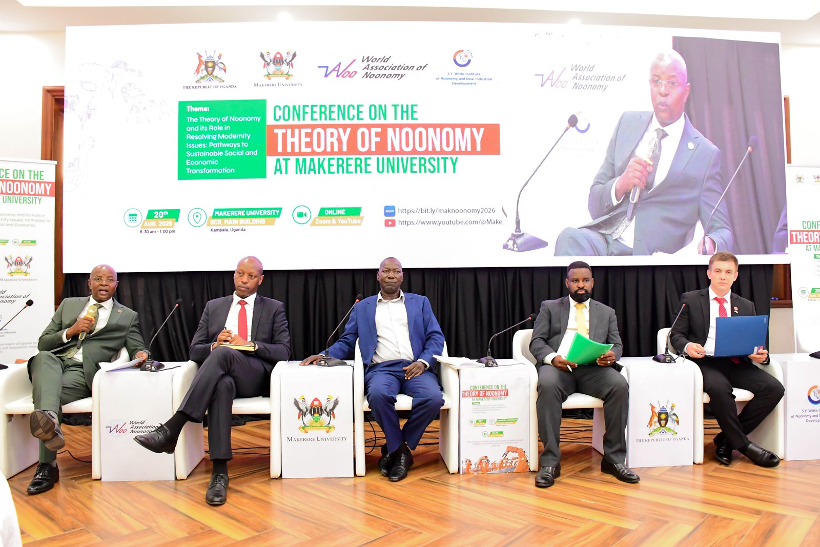 L-R: Prof. Edward Bbaale with Panelists-Mr. Davis Vuningoma, Dr. Robert Ngobi, Prof. Robert Wamala and Prof. Nikolay D. Dmitriev. College of Business and Management Sciences (CoBAMS) supported by the Makerere University Research and Innovations Fund (Mak-RIF) in collaboration with the Witte Institute for New Industrial Development and St. Petersburg Polytechnic University, Russia Conference on The Theory of Noonomy and its Role in Resolving Modernity Issues: Pathways to Sustainable Social and Economic Transformation, 20th Aug 2026, Senior Common Room, Main Building, Makerere University, Kampala Uganda, East Africa