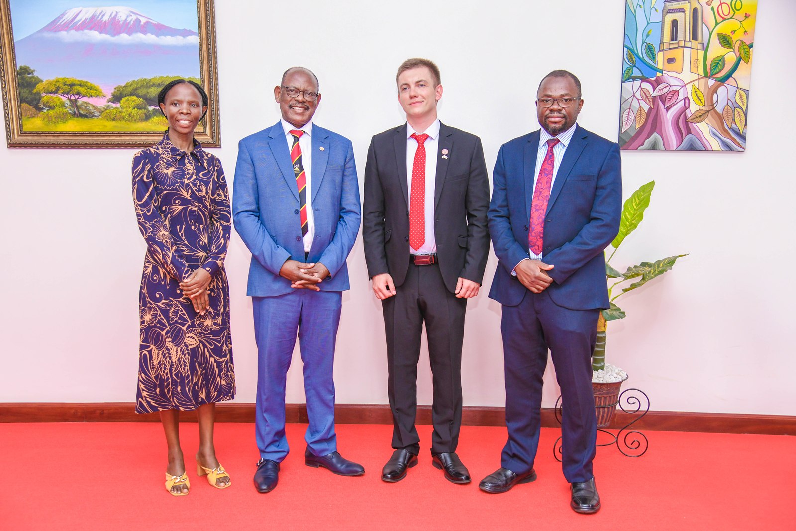 Prof. Barnabas Nawangwe (2nd L) and Prof. Nikolay D. Dmitriev (2nd R) with Prof. Ibrahim Mike Okumu (R) and Ms. Ritah Namisango (L) during the courtesy call. College of Business and Management Sciences (CoBAMS) supported by the Makerere University Research and Innovations Fund (Mak-RIF) in collaboration with the Witte Institute for New Industrial Development and St. Petersburg Polytechnic University, Russia Conference on The Theory of Noonomy and its Role in Resolving Modernity Issues: Pathways to Sustainable Social and Economic Transformation, 20th Aug 2026, Senior Common Room, Main Building, Makerere University, Kampala Uganda, East Africa