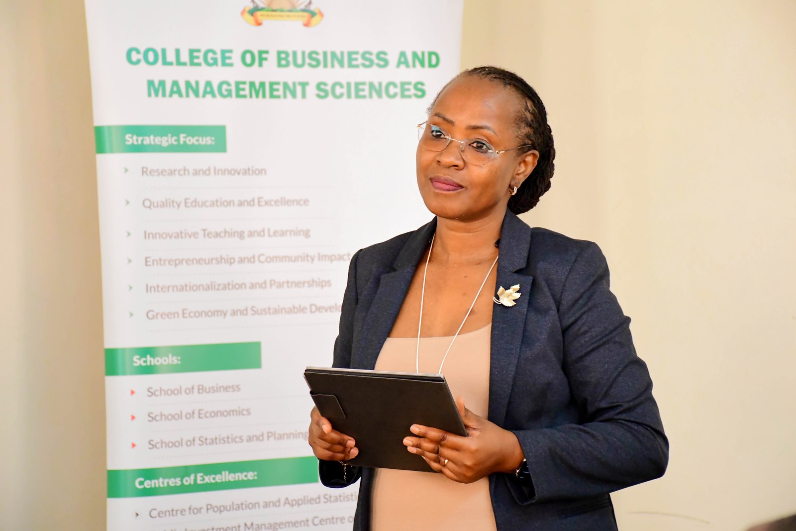 Prof. Sarah Ssali, Makerere University Deputy Vice Chancellor for Academic Affairs. Launch of two taught Doctor of Philosophy (PhD) programmes namely: PhD in Management (by coursework) and PhD in Accounting and Finance (by coursework) by School of Business at the College of Business and Management Sciences (CoBAMS), 4th August 2026, Makerere University, Kampala Uganda, East Africa.