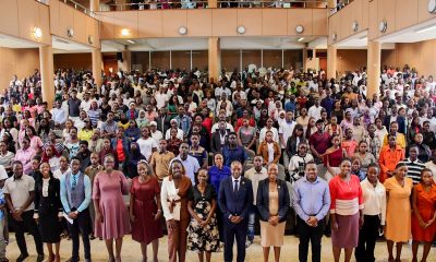 Prof. Sarah Ssali and Prof. Edward Bbaale pose for a group photo with officials and first-year students on 4th August 2026. College of Business and Management Sciences (CoBAMS) kick off of four-day orientation programme 4th August 2026, Yusuf Lule Central Teaching Facility Auditorium, Makerere University, Kampala Uganda, East Africa.