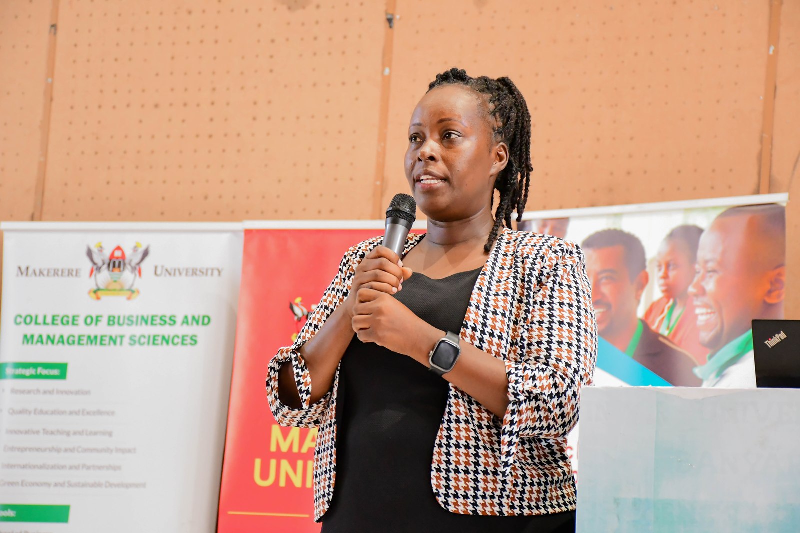 Ms. Evelyn Kharono, Counselling psychologist from Makerere University Counselling and Guidance Center. College of Business and Management Sciences (CoBAMS) kick off of four-day orientation programme 4th August 2026, Yusuf Lule Central Teaching Facility Auditorium, Makerere University, Kampala Uganda, East Africa.