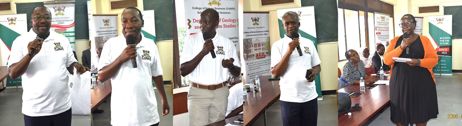 Left-Right: Dr Joel Isanga (Biochemistry and Systems Biology), Dr John Mary Kiberu (Geology and Petroleum Studies), Dr Nicholas Kwarikunda (Physics), Prof. James Kalema (Plant Sciences, Microbiology and Biotechnology), and Dr Bernadette Nakabazzi (Exercise and Sports Science) briefing the students about programmes in their respective departments. Freshers' Orientation for College of Natural Sciences (CoNAS) for the Academic Year 2026/2027, 5th August 2026, Room 201/202, JICA Building, Makerere University, Kampala Uganda, East Africa.