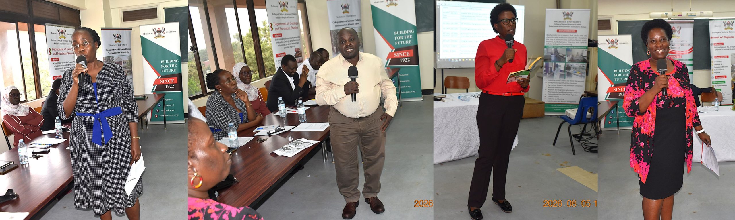 Left-Right: Ms. Hellen Mirembe, Registrar, School of Physical Sciences, Dr. Godfrey Mayende, Deputy Director of the Institute of Open, Distance and e-Learning (IODeL), Ms. Suzan Mbabazi from the Directorate of Gender Mainstreaming, and Ms. Rose Nalwanga from the Counseling and Guidance Centre briefing the students on the different services offered at the university. Freshers' Orientation for College of Natural Sciences (CoNAS) for the Academic Year 2026/2027, 5th August 2026, Room 201/202, JICA Building, Makerere University, Kampala Uganda, East Africa.