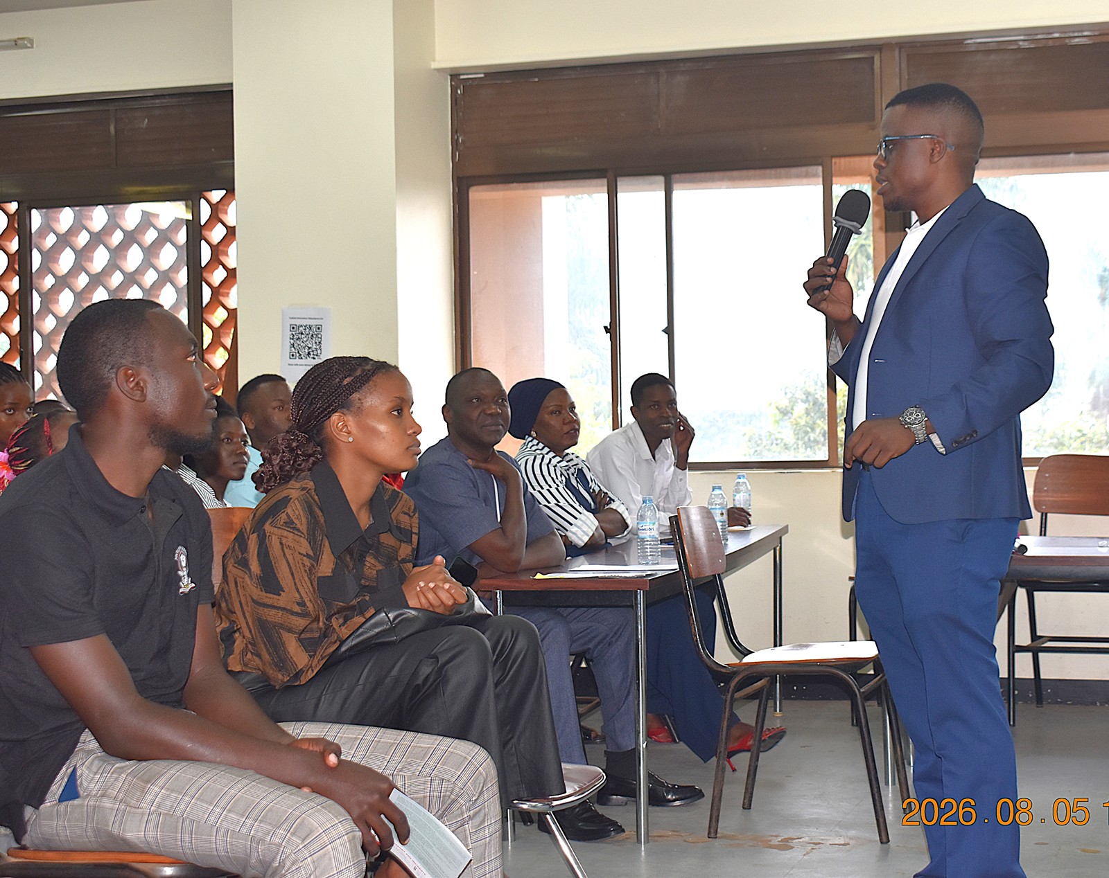 Mr. David Kisitu, IT Officer at CoNAS moderated the event. Freshers' Orientation for College of Natural Sciences (CoNAS) for the Academic Year 2026/2027, 5th August 2026, Room 201/202, JICA Building, Makerere University, Kampala Uganda, East Africa.