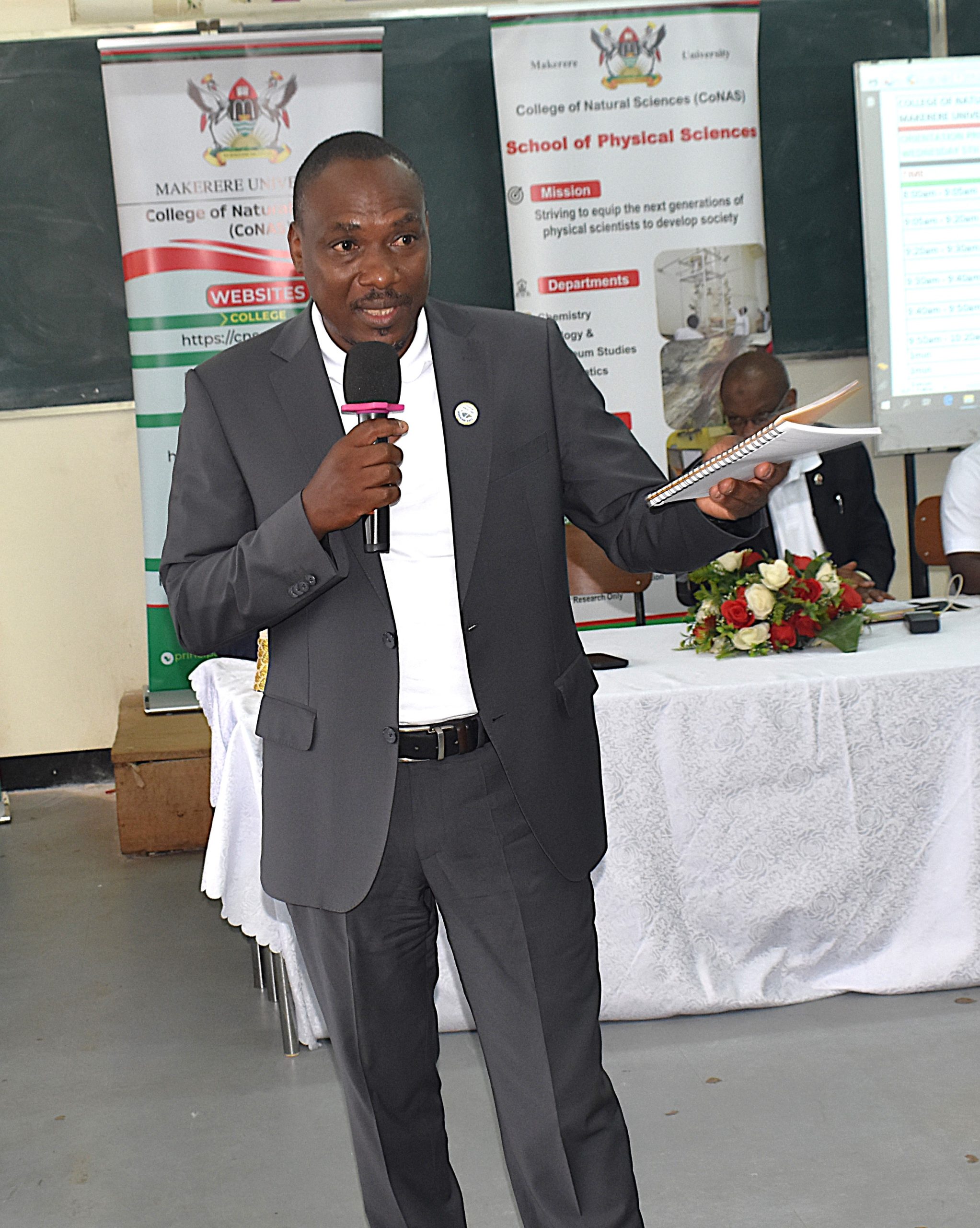 The Principal of CoNAS, Prof. Winston Tumps Ireeta welcoming the newly admitted students during the orientation ceremony held on 5th August 2026 at the College premises. Freshers' Orientation for College of Natural Sciences (CoNAS) for the Academic Year 2026/2027, 5th August 2026, Room 201/202, JICA Building, Makerere University, Kampala Uganda, East Africa.