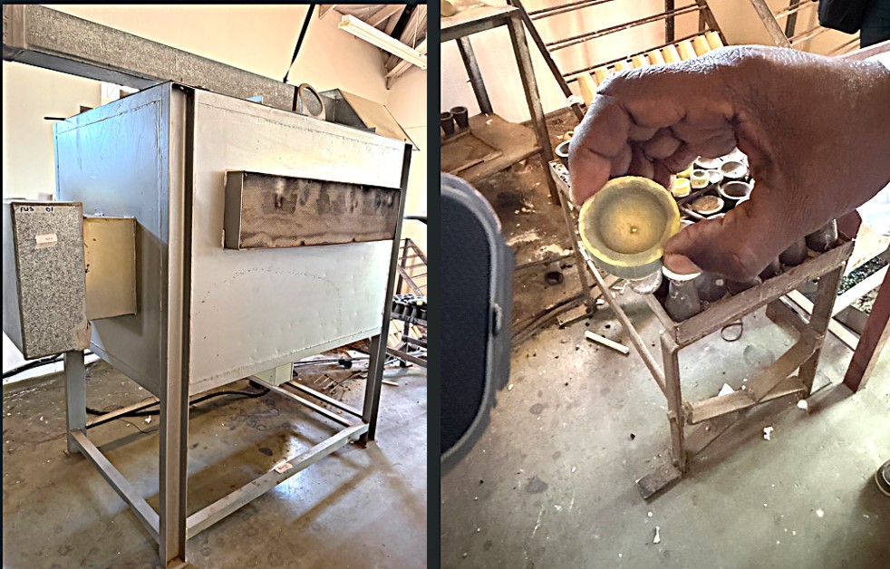 Maffle furnace (left) with the final product of pure gold produced by students at the metallurgy Lab. Strengthening Uganda’s Mineral Sector through Labour-Market Aligned Curricula Reforms: A Comprehensive Review of BSc/MSc/PhD Geology Curricula and Development of Industry-Aligned Short Courses at Makerere University (Mak-SDMU) Project, Makerere University Department of Geology and Petroleum Studies, Ministry of Energy and Mineral Development (MEMD) benchmarking exercise at Copperbelt University (CBU) in Kitwe, Zambia, and the Zimbabwe School of Mines (ZSM), 19th-23rd July 2026.