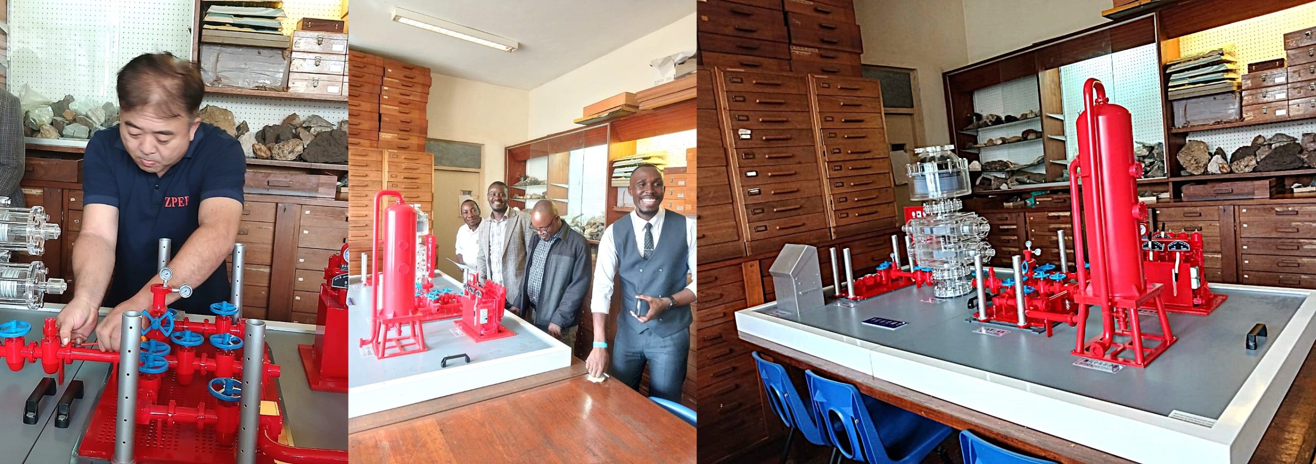Right: A technician from ZPEB Uganda Co. Limited installing the equipment at the Department of Geology and Petroleum Studies, Makerere University. Centre: Members of staff from the Department, Drs John Mary Kiberu, Ivan Mukiibi Ssewannyaga, and Wycliff Kawule witnessed the installation process. ZPEB Uganda Co. Limited donation of Well Control System Demonstration Model to the Department of Geology and Petroleum Studies, 5th August 2026, Onomo Hotel and 7th August 2026 at Makerere University, Kampala Uganda, East Africa.