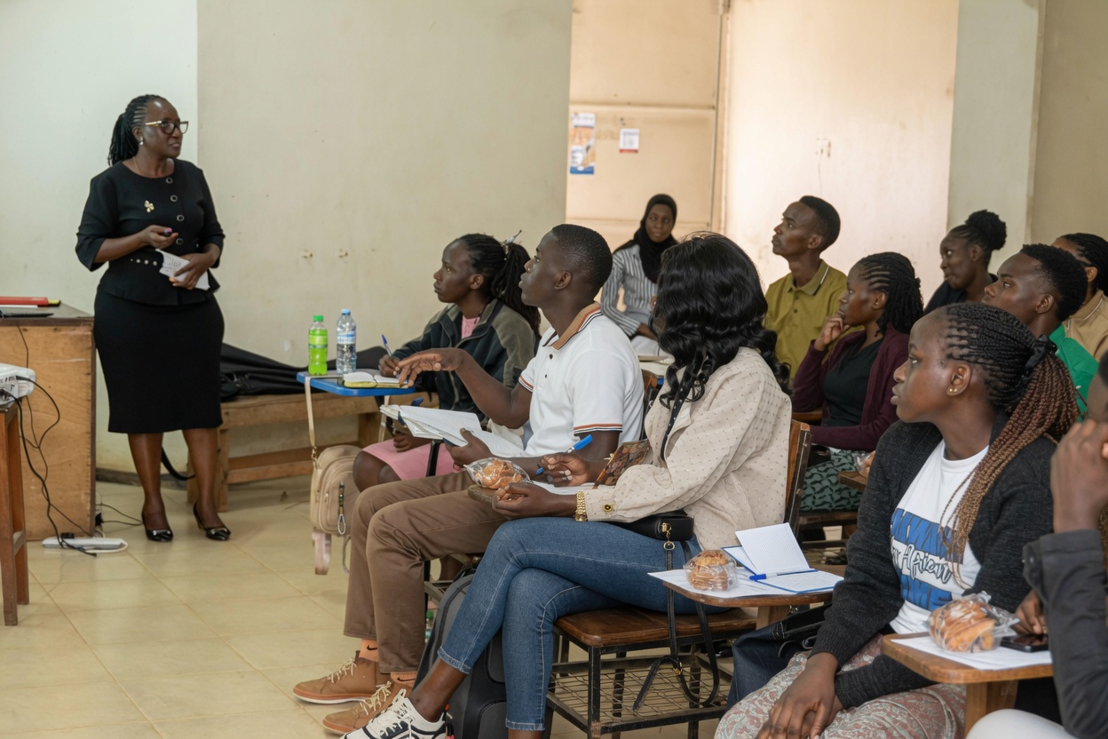 Dr. Sylivia Nalubwama, BAP program coordinator, inspires incoming students at CoVAB orientation, describing the program as “rich with opportunities” for careers in agribusiness and livestock industries. College of Veterinary Medicine, Animal Resources and Biosecurity (CoVAB) orientation for incoming students of the Bachelor of Industrial Livestock Business (BILB) and Bachelor of Agribusiness and Production (BAP) programs, August 6th, 2026, Livestock Industrial Resources (LIR) Department, Makerere University, Kampala Uganda, East Africa.