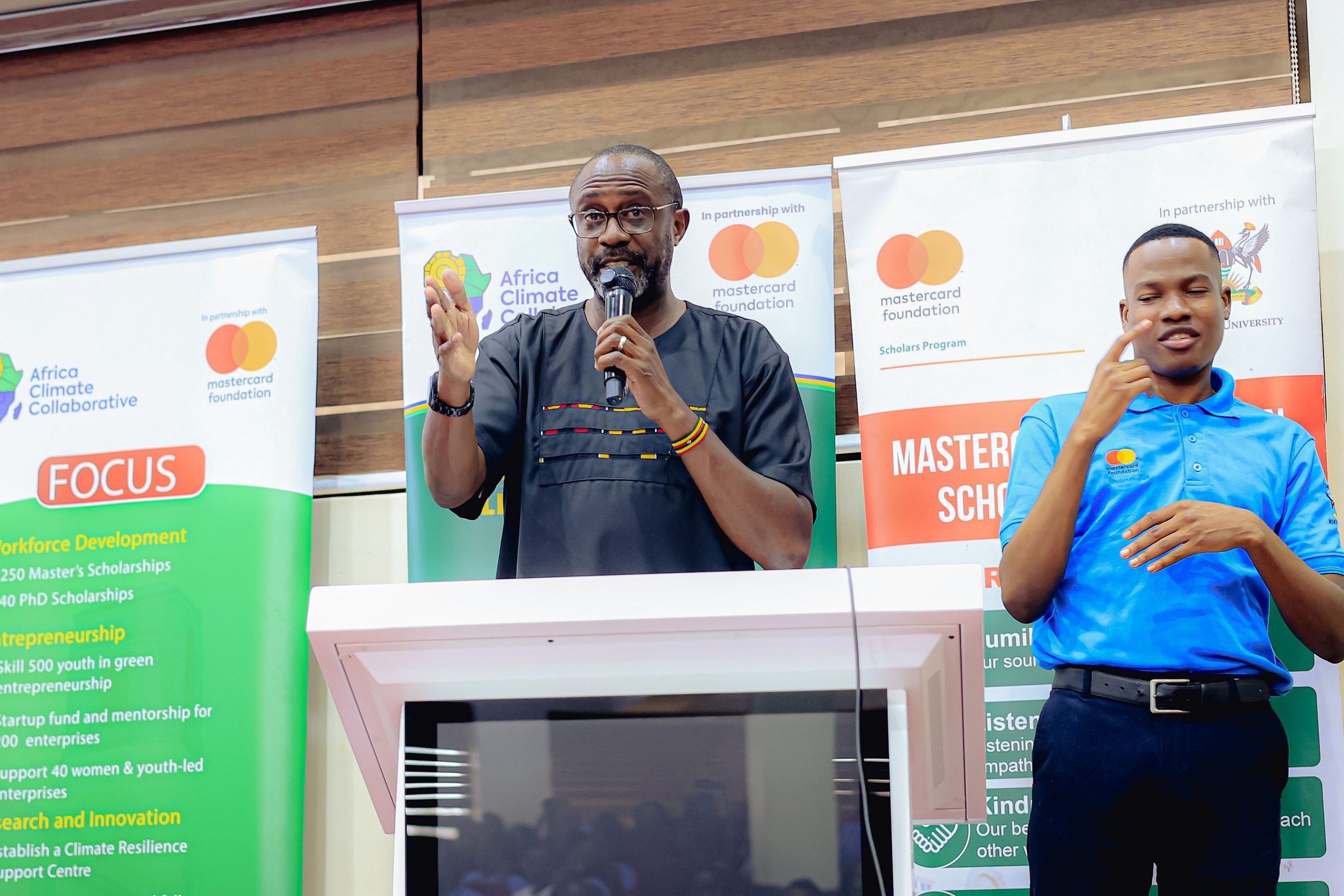 Mr. Adrian Bukenya, Country Director, Mastercard Foundation. Award Ceremony for Cohort 2 of 50 young people to pursue Master's studies under the Africa Climate Collaborative, an initiative supported by the Mastercard Foundation for the 2026/2027 academic, 20th August 2026, Makerere University School of Public Health (MakSPH) Auditorium, Main Campus, Kampala Uganda, East Africa.