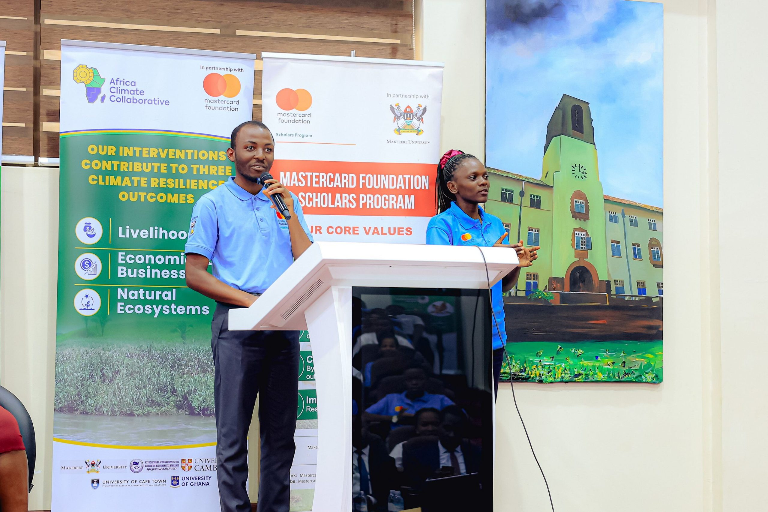 Nathan Tamba, an international student from Cameroon speaking at the event. Award Ceremony for Cohort 9 of 258 recipients of the prestigious Mastercard Foundation scholarship for the 2026/2027 academic, 20th August 2026, Makerere University School of Public Health (MakSPH) Auditorium, Main Campus, Kampala Uganda, East Africa.
