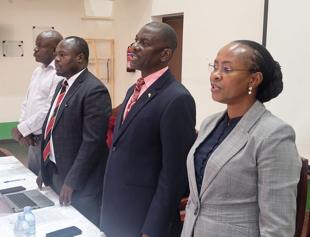 L-R: Dr. Mike Barongo, Dr. Kizito Ongaya, Prof. Julius Kikooma and Prof. Sarah Ssali. Directorate of Graduate Training (DGT) Orientation of newly admitted postgraduate diploma and master’s students, under the theme “Harnessing the Power of Graduate Training to Transform Africa’s Research Trajectory”, 11th August 2026, Main Hall, Main Building, Makerere University, Kampala Uganda, East Africa.