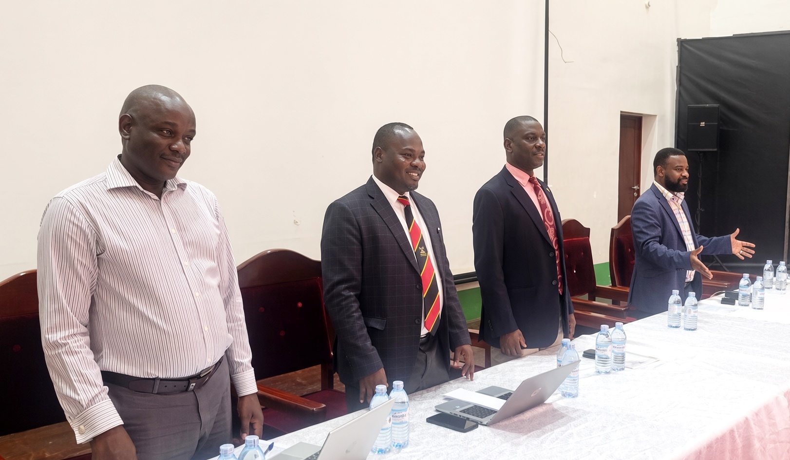 L-R: Dr. Mike Barongo, Dr. Kizito Ongaya, Prof. Julius Kikooma and Prof. Robert Wamala. Directorate of Graduate Training (DGT) Orientation of newly admitted postgraduate diploma and master’s students, under the theme “Harnessing the Power of Graduate Training to Transform Africa’s Research Trajectory”, 11th August 2026, Main Hall, Main Building, Makerere University, Kampala Uganda, East Africa.