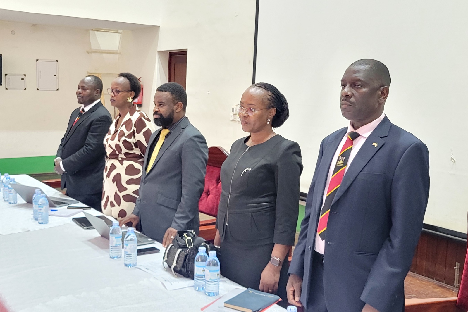 R-L: Prof. Julius Kikooma, Prof. Sarah Ssali, Prof. Robert Wamala, Ms. Grace Cherotich Ruto and Dr. Kizito Ongaya at the orientation of the 2026/2027 PhD Cohort on 10th August 2026. Directorate of Graduate Training (DGT) Orientation of the 2026/2027 cohort of PhD students, 10th August 2026, Main Hall, Main Building, Makerere University, Kampala Uganda, East Africa.