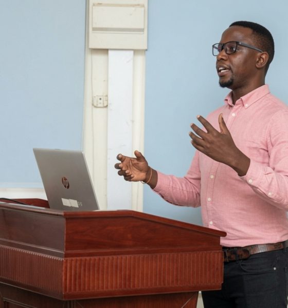 Mak-BSSR PhD-Level beneficiary Khamisi Musanje presents his research during a meeting at the College of Health Sciences (CHS). Makerere University, Kampala Uganda, East Africa.