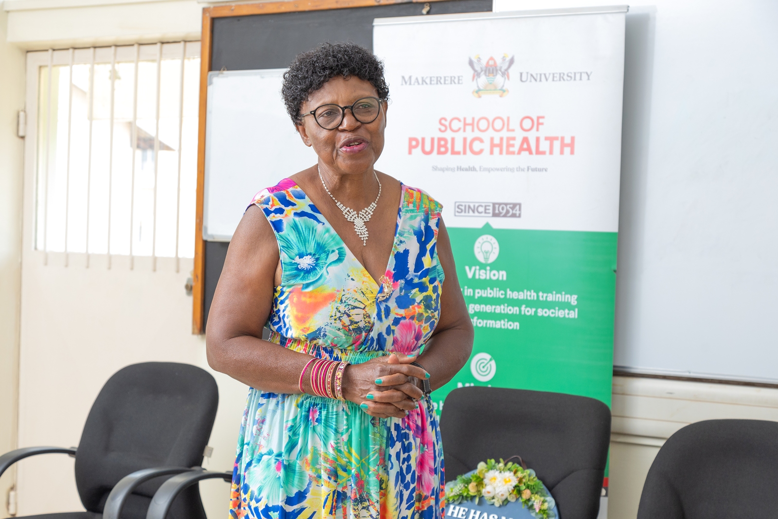 Claire Nakayizi makes her remarks. Celebrating Claire Nakayizi's 14 years of service as Custodian, August 2026, Makerere University School of Public Health (MakSPH), Mulago Hospital Complex, Kampala Uganda, East Africa.