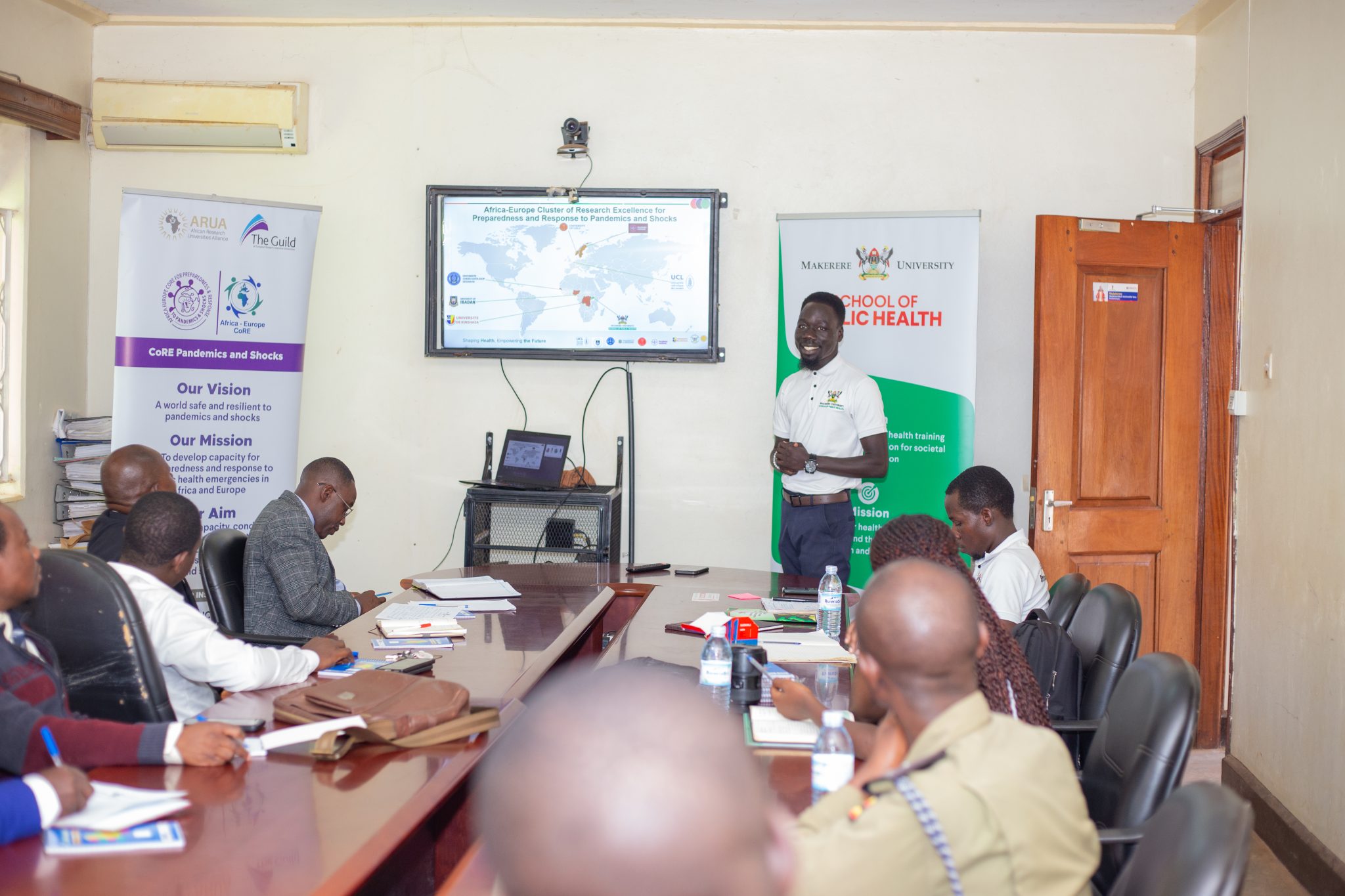 Mr. Philliam Jabim shares the Mpox response study findings with participants during the dissemination meeting in Nakasongola District on 12 August 2026. Makerere University School of Public Health (MakSPH), through the Africa-Europe Cluster of Research Excellence (CoRE) for Preparedness and Response to Pandemics and Shocks, research dissemination of Uganda’s Mpox response with stakeholders in Kasese, Amuru, Nakasongola and Mayuge Districts Uganda, East Africa, 10th-14th August 2026.