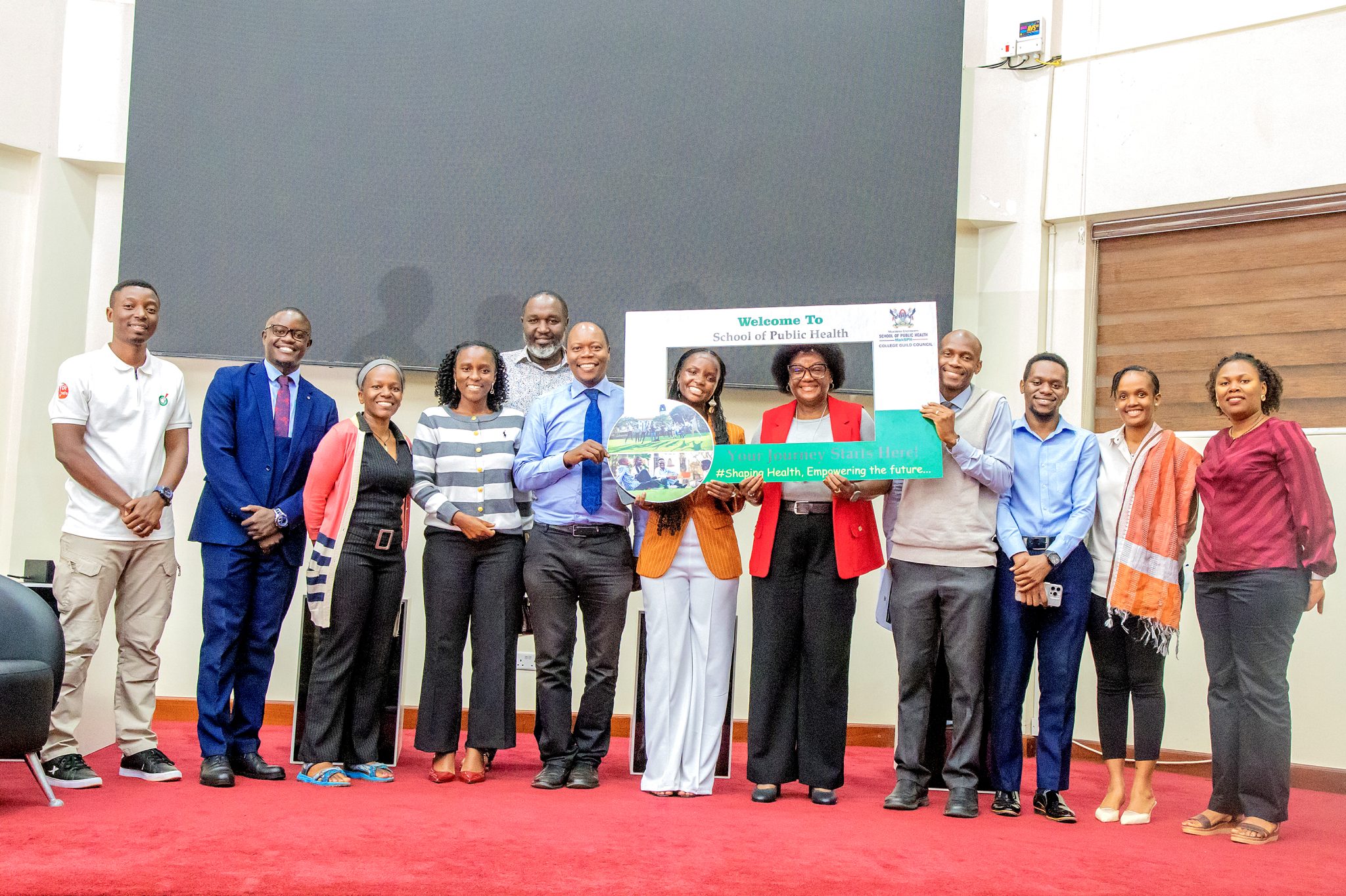 Dean Prof. Rhoda Wanyenze (centre) with MakSPH staff, student leaders and new students during orientation for the 2026/2027 academic year. Orientation for newly admitted students-75 students in the Bachelor of Environmental Health Science, 277 across the nine master’s programmes, and 21 across the two doctoral programmes, PhD by Research and PhD by Coursework and Research for the 2026/2027 academic, 7th August 2026, Makerere University School of Public Health (MakSPH) Auditorium, Main Campus, Kampala Uganda, East Africa.