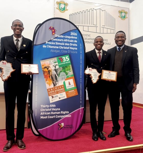 L-R: Conrad Akesigaruhanga, Owen Mayanja with Dr. Daniel Ruhweza. Makerere University School of Law (SoL) 1st Runners-Up in the week-long (26 July to 2 August 2026) 35th Christof Heyns All Africa Human Rights Moot Court Competition, Institut Universitaire d’Abidjan in Abidjan, Côte d’Ivoire, West Africa.