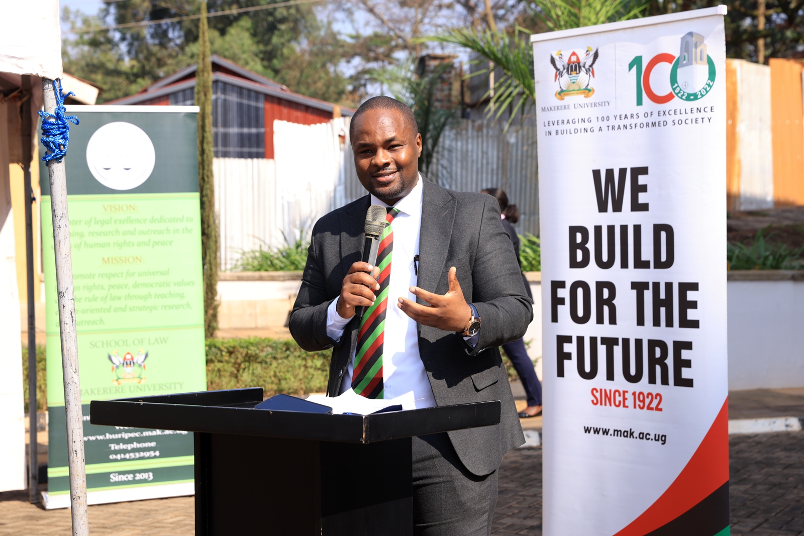 Dr. Busingye Kabumba, Director HURIPEC, addressing students. Bachelors of Laws (LLB) Freshers’ Orientation opening ceremony, August 6th, 2026, School of Law, Makerere University, Kampala Uganda, East Africa.