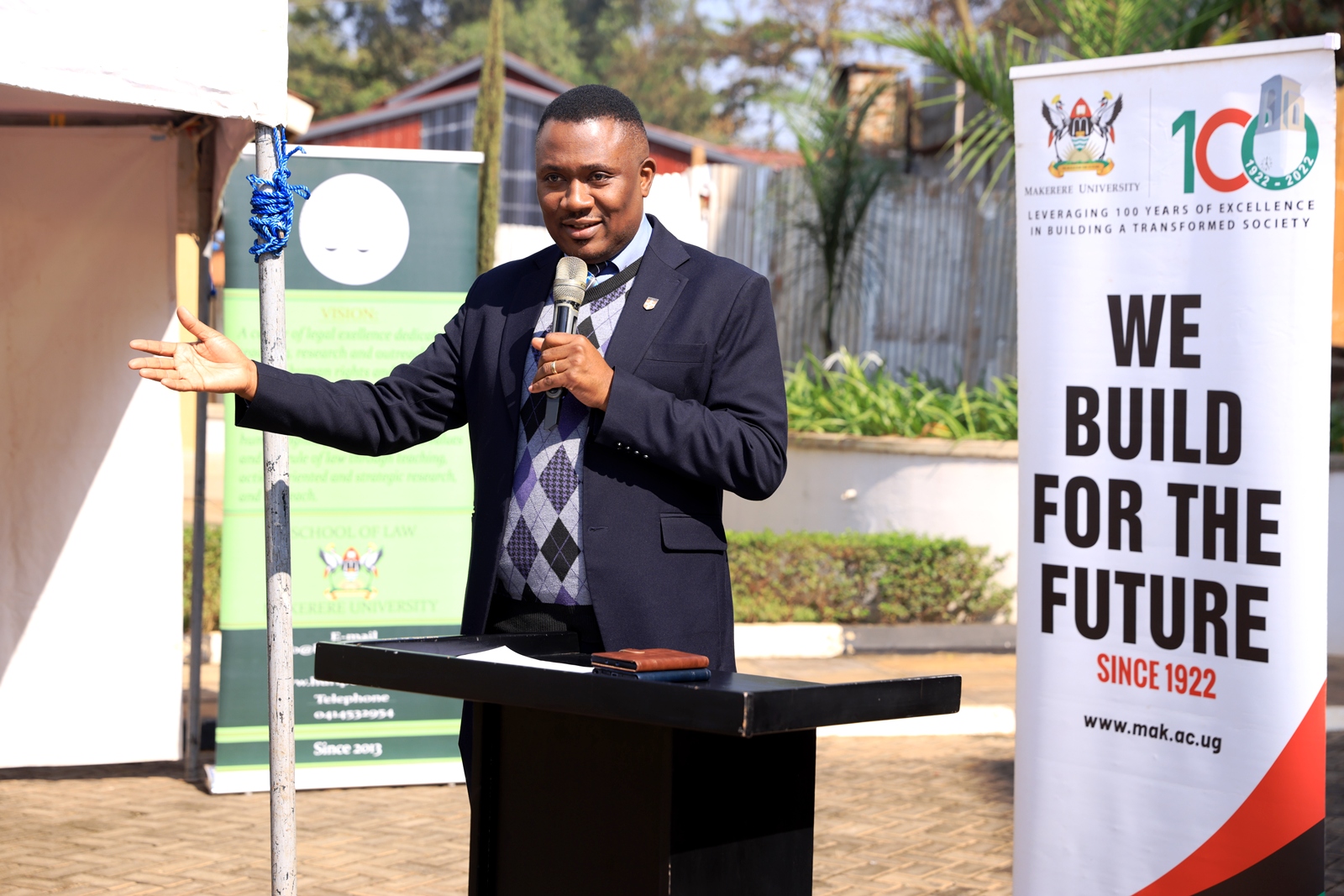 Dr. Daniel Ruhweza, Head – Law and Jurisprudence, addressing students. Bachelors of Laws (LLB) Freshers’ Orientation opening ceremony, August 6th, 2026, School of Law, Makerere University, Kampala Uganda, East Africa.