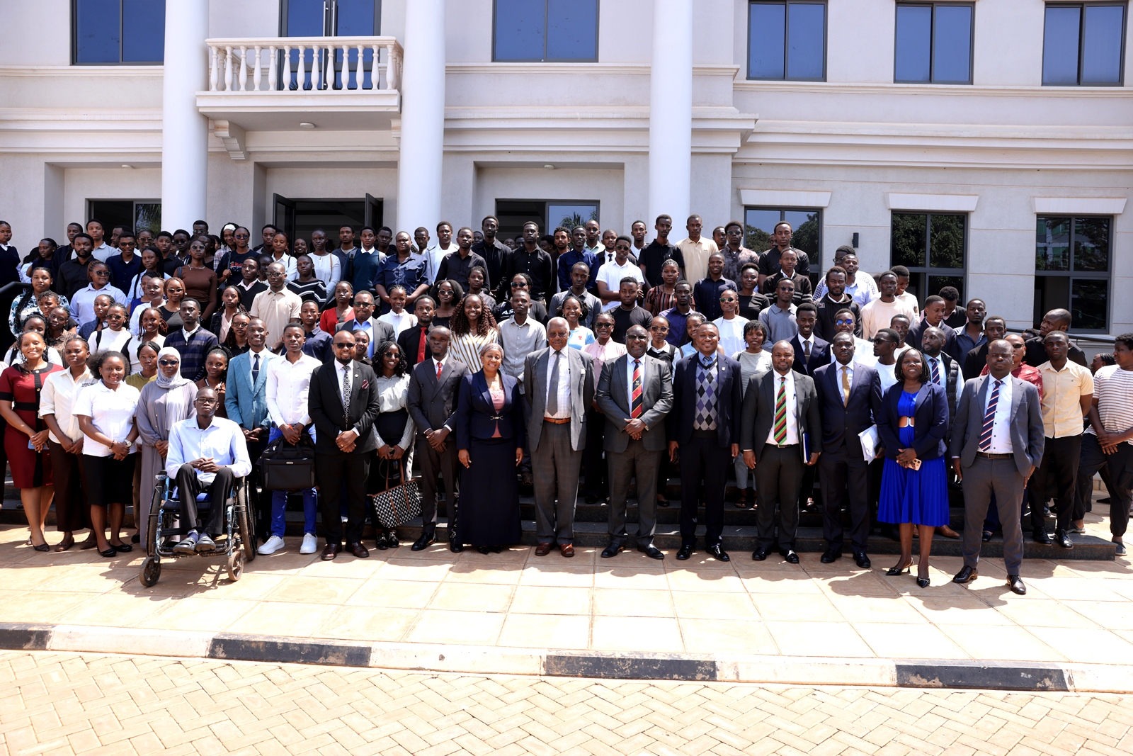 Justice Egonda-Ntende poses for a group photo with School of Law Leadership and First-Year LLB Students at their orientation on 6th August 2026. Bachelors of Laws (LLB) Freshers’ Orientation opening ceremony, August 6th, 2026, School of Law, Makerere University, Kampala Uganda, East Africa.