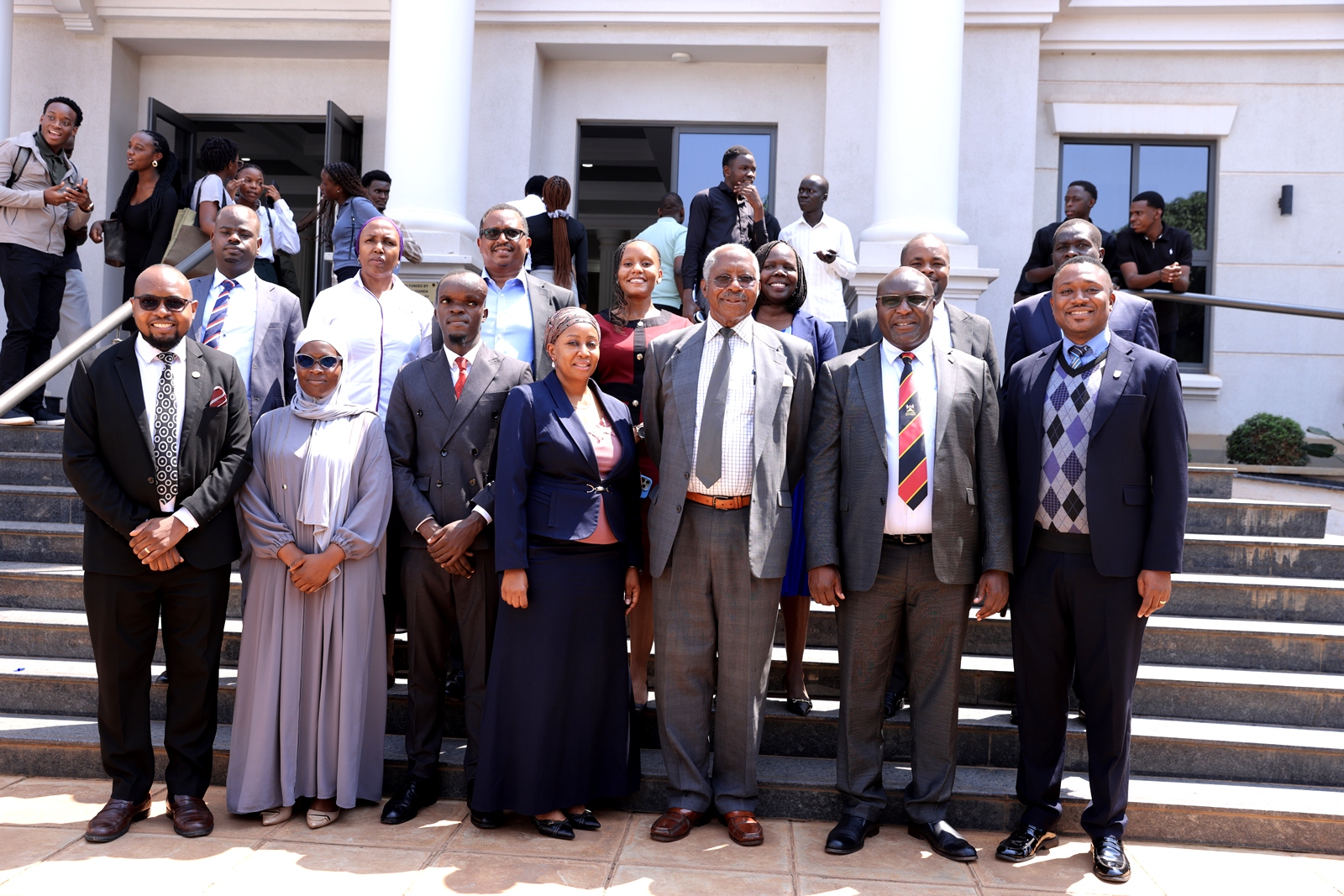 Justice Egonda-Ntende (3rd R) with the Dean-Prof. Ronald Naluwairo (2nd R), Deputy Dean-Dr. Zahara Nampewo (4th R) and SoL Leadership. Bachelors of Laws (LLB) Freshers’ Orientation opening ceremony, August 6th, 2026, School of Law, Makerere University, Kampala Uganda, East Africa.