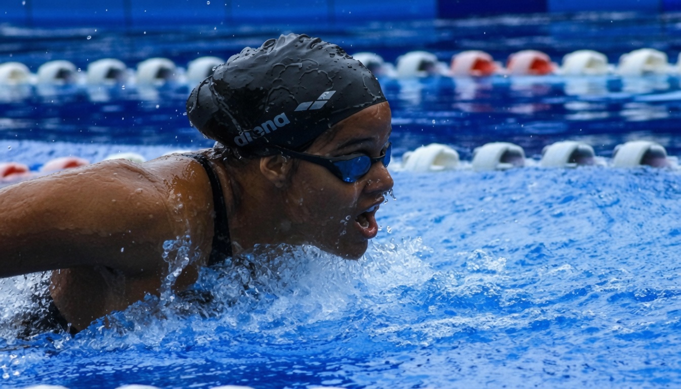Makerere’s Anna Sophie racing against other ladies in butterfly stroke. Makerere University's Sports Excellence continues, Newsletter (April-June 2026), Kampala Uganda, East Africa.