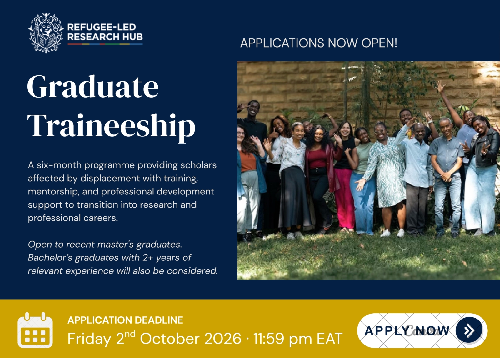Call for Applications: Refugee-Led Research Hub (RLRH) Graduate Traineeship Programme.