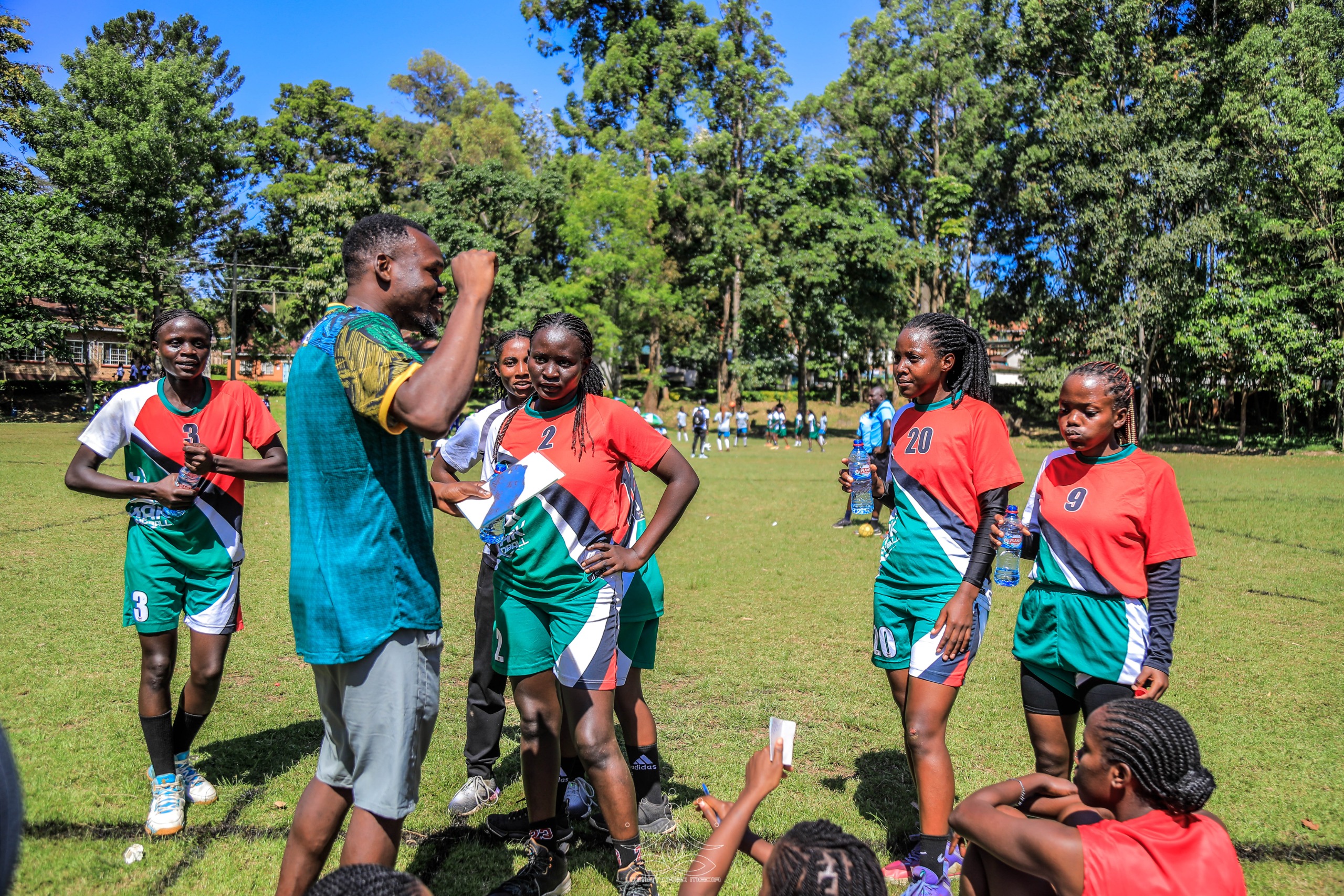 The Handball team receives instructions before a match at the previous edition of the games. Makerere University Games Union at 13th Federation of East African University Sports (FEAUS) Games, 15th-21st December 2024, Maseno University, Kisumu County, Kenya, East Africa.