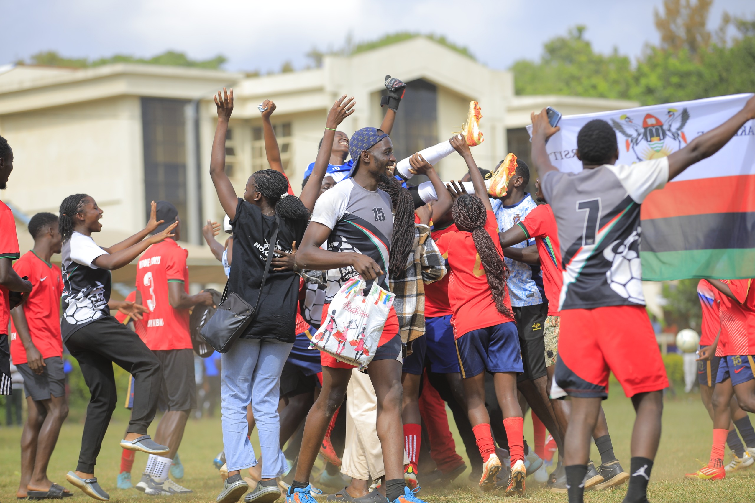 Players celebrating with their fans after the Makerere Women Soccer Team won the finals of the 13th Eastern Africa University Games. Makerere University Games Union at 13th Federation of East African University Sports (FEAUS) Games, 15th-21st December 2024, Maseno University, Kisumu County, Kenya, East Africa.