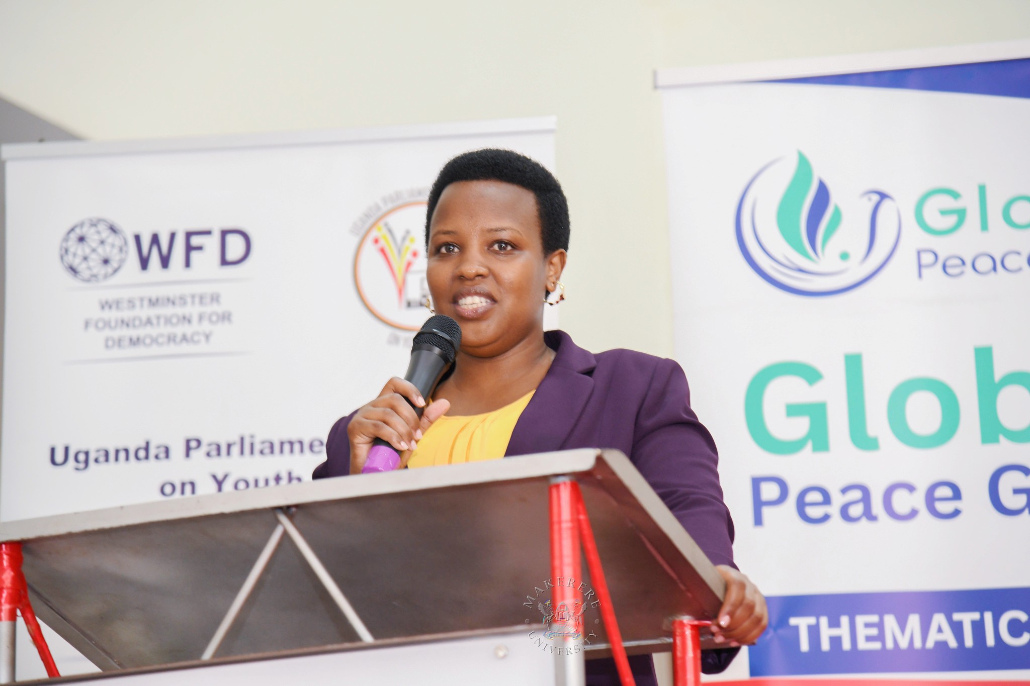 Hon. Mercy Kanyesigye. 92nd Guild Security Ministry in partnership with the Global Peace Guild International Day of Peace 2026 and Launch of the East African Peace and Trade Law Moot Court Competition, presided over by Minister of State for East African Community Affairs, Hon. James Magode Ikuya represented by Dr. Andrew Musiime, 21st September 2026, Main Hall, Main Building, Makerere University, Kampala Uganda, East Africa.