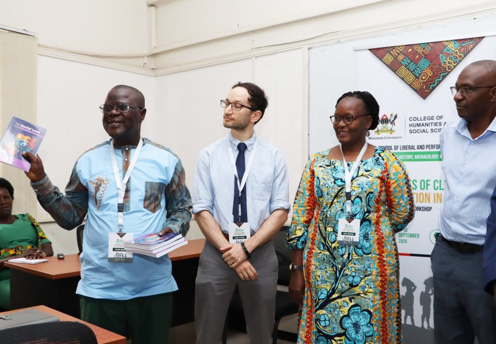 Dr. Anthony Mugeere showcasing his new book during the workshop. Opening Ceremony of three-day workshop hosted by the Department of History, Archaeology and Heritage Studies, School of Liberal and Performing Arts, College of Humanities and Social Sciences (CHUSS) examining the historical relationship between climate change and migration in Uganda, under a joint project between Makerere University and the University of Cambridge, CHUSS Smart Room, 8th-10th September 2026, Kampala Uganda, East Africa.