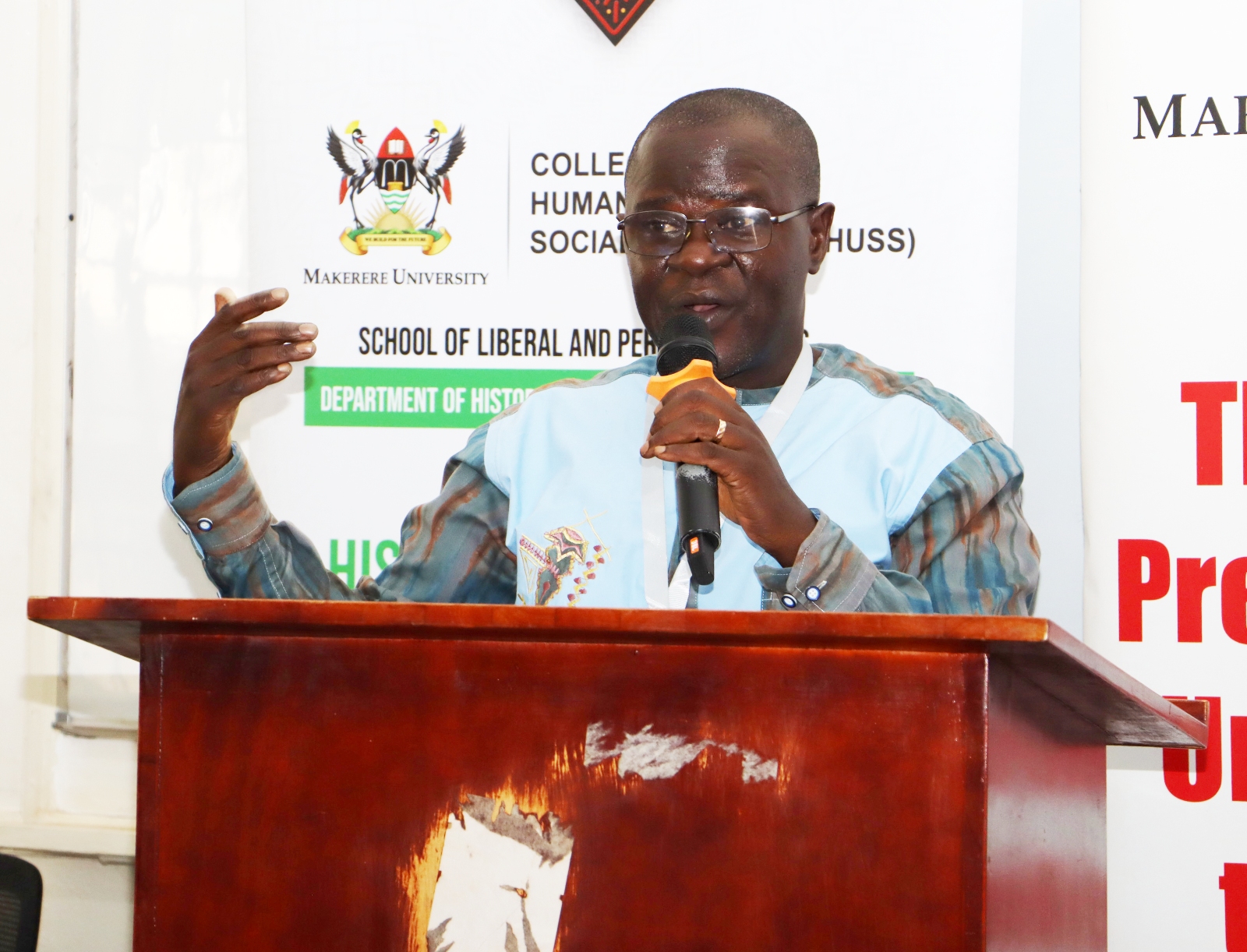 Dr. Anthony Mugeere giving his keynote speech during the workshop. Opening Ceremony of three-day workshop hosted by the Department of History, Archaeology and Heritage Studies, School of Liberal and Performing Arts, College of Humanities and Social Sciences (CHUSS) examining the historical relationship between climate change and migration in Uganda, under a joint project between Makerere University and the University of Cambridge, CHUSS Smart Room, 8th-10th September 2026, Kampala Uganda, East Africa.