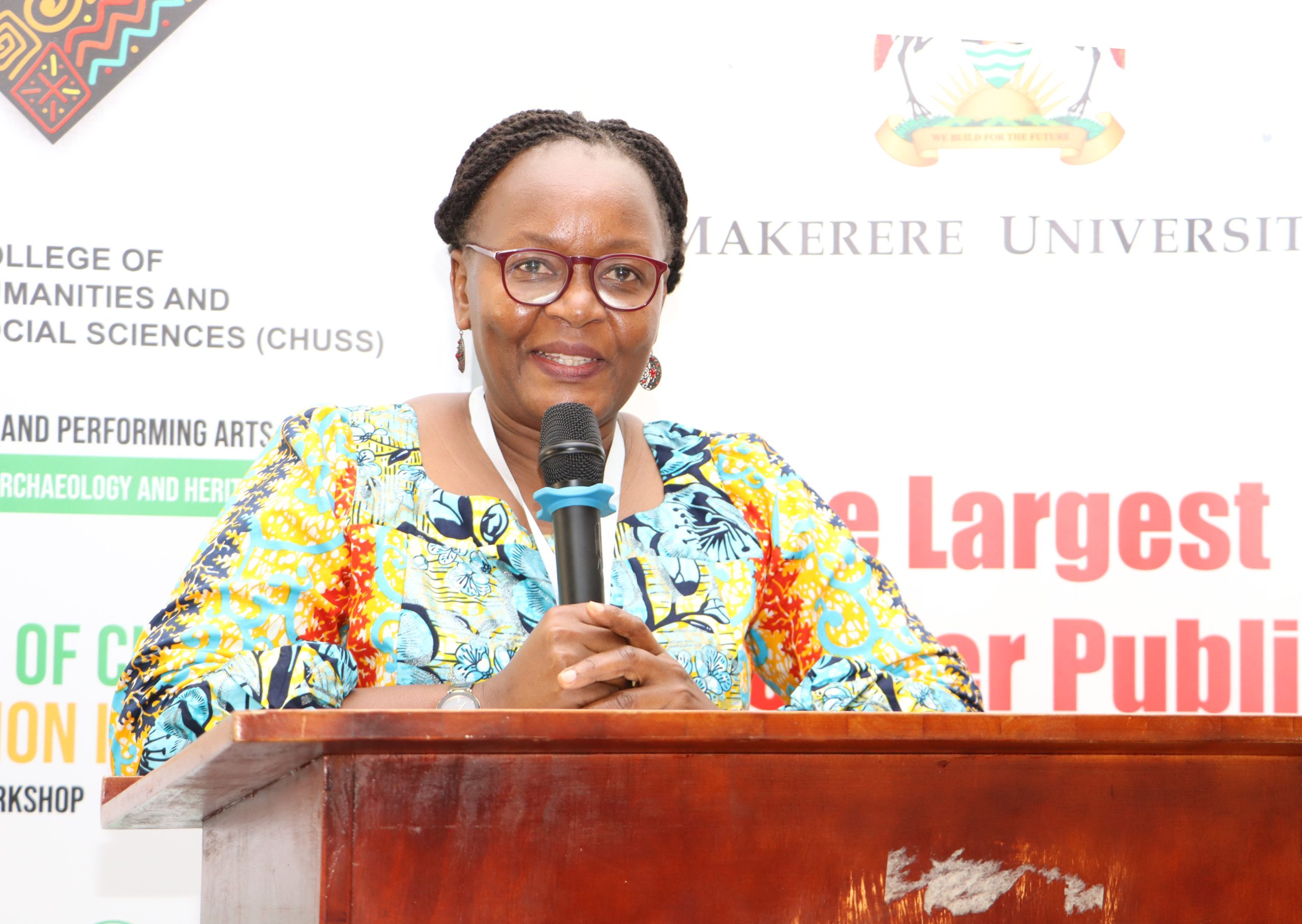 Dr. Pamela Khanakwa, the project PI and Dean SLPA, giving remarks during the workshop. Opening Ceremony of three-day workshop hosted by the Department of History, Archaeology and Heritage Studies, School of Liberal and Performing Arts, College of Humanities and Social Sciences (CHUSS) examining the historical relationship between climate change and migration in Uganda, under a joint project between Makerere University and the University of Cambridge, CHUSS Smart Room, 8th-10th September 2026, Kampala Uganda, East Africa.