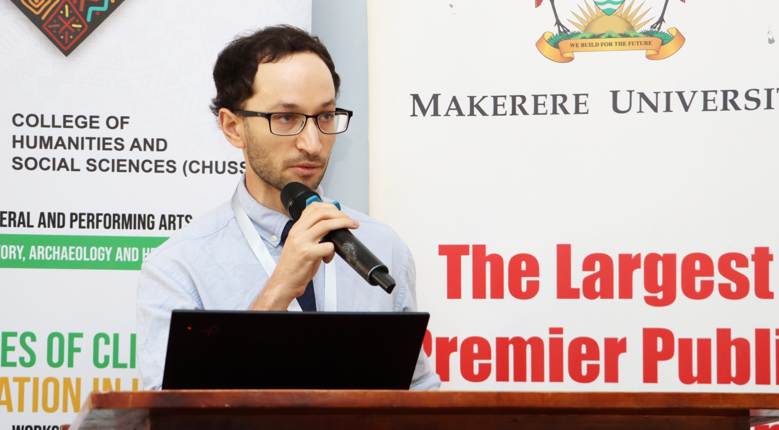 Dr. Samuel Meyerson, from Cambridge University and project PI presenting during the workshop. Opening Ceremony of three-day workshop hosted by the Department of History, Archaeology and Heritage Studies, School of Liberal and Performing Arts, College of Humanities and Social Sciences (CHUSS) examining the historical relationship between climate change and migration in Uganda, under a joint project between Makerere University and the University of Cambridge, CHUSS Smart Room, 8th-10th September 2026, Kampala Uganda, East Africa.