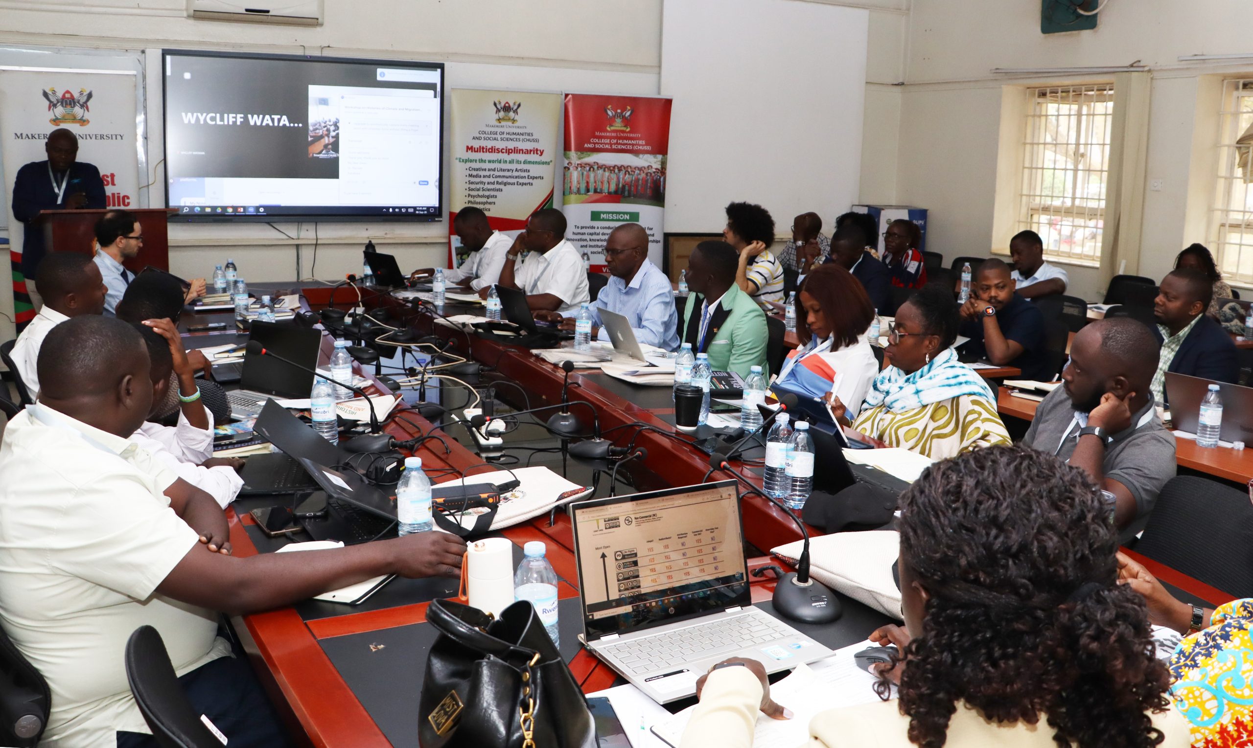 Participants during the meeting. Opening Ceremony of three-day workshop hosted by the Department of History, Archaeology and Heritage Studies, School of Liberal and Performing Arts, College of Humanities and Social Sciences (CHUSS) examining the historical relationship between climate change and migration in Uganda, under a joint project between Makerere University and the University of Cambridge, CHUSS Smart Room, 8th-10th September 2026, Kampala Uganda, East Africa.