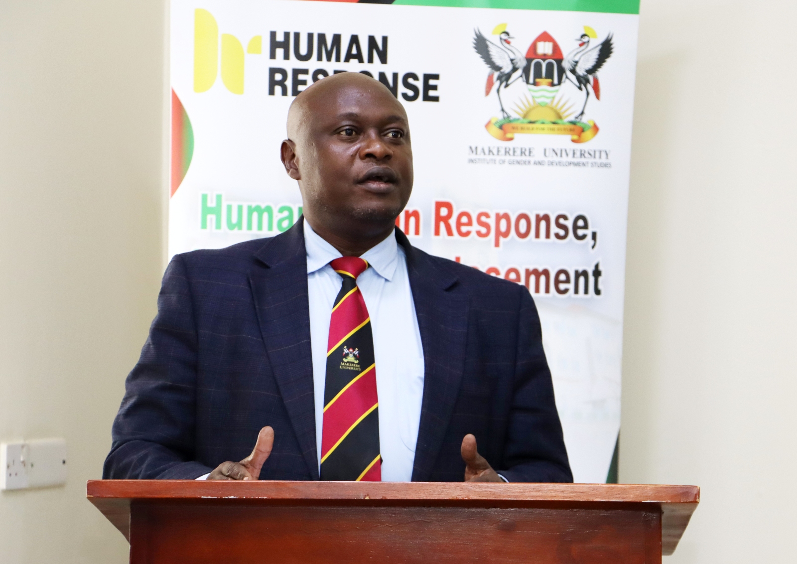 Assoc. Prof. Eric Awich, representing the Principal, CHUSS. Welcoming 17 students from 16 countries (Canada, Cape Verde, Uganda, Spain, Sierra Leone, South Sudan, Colombia, South Korea, The Gambia, India, Nepal, Kenya, Pakistan, Myanmar, Bangladesh and Malaysia) under the Erasmus+ funded Master of Humanitarian Response, Health and Displacement (Human Response) programme to study humanitarian crises, displacement, health, migration and development, 7th September 2026, School of Social Sciences Smart Room, College of Humanities and Social Sciences (CHUSS), Makerere University, Kampala Uganda, East Africa.