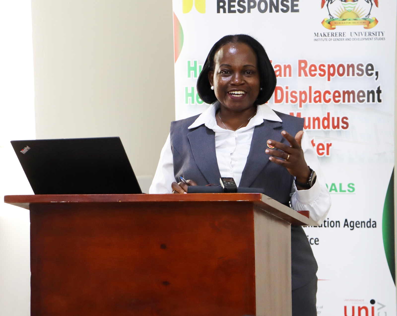 Dr. Harriet Rachael Kagoya, the Director of Operations Red Cross Society in Uganda addressing the students. Welcoming 17 students from 16 countries (Canada, Cape Verde, Uganda, Spain, Sierra Leone, South Sudan, Colombia, South Korea, The Gambia, India, Nepal, Kenya, Pakistan, Myanmar, Bangladesh and Malaysia) under the Erasmus+ funded Master of Humanitarian Response, Health and Displacement (Human Response) programme to study humanitarian crises, displacement, health, migration and development, 7th September 2026, School of Social Sciences Smart Room, College of Humanities and Social Sciences (CHUSS), Makerere University, Kampala Uganda, East Africa.
